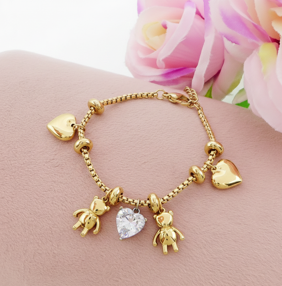 TEDDY - Bracciale con orsetti e cuori pendenti bombe' ACCIAIO INOSSIDABILE