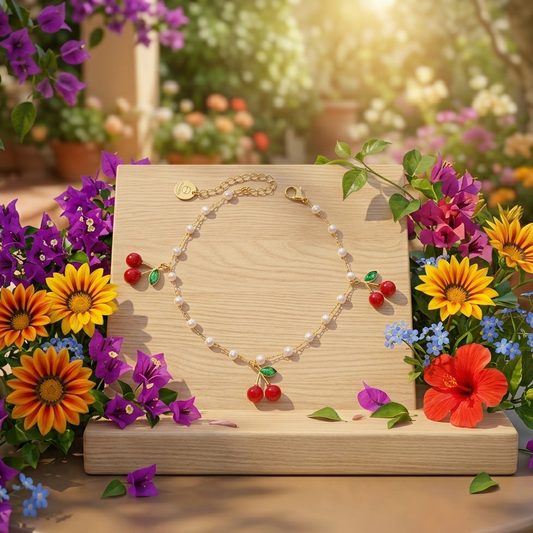 Cherries Pearls Cavigliera ~ ACCIAIO INOSSIDABILE 316L