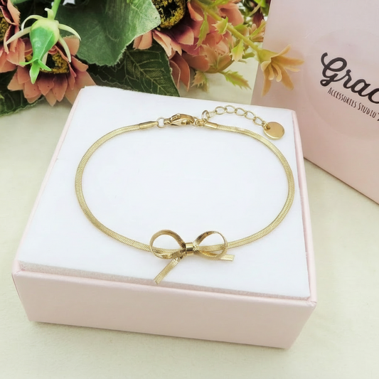 ELEONOR BOW ~ Cavigliera in ACCIAIO INOSSIDABILE catena snake piatta