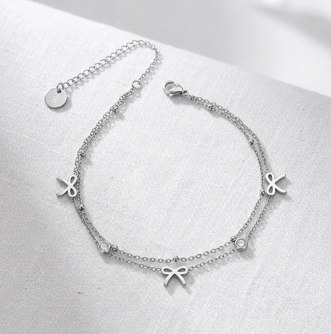 WALDORF ~ Cavigliera con fiocchi in ACCIAIO INOSSIDABILE 316L + cubic zirconia