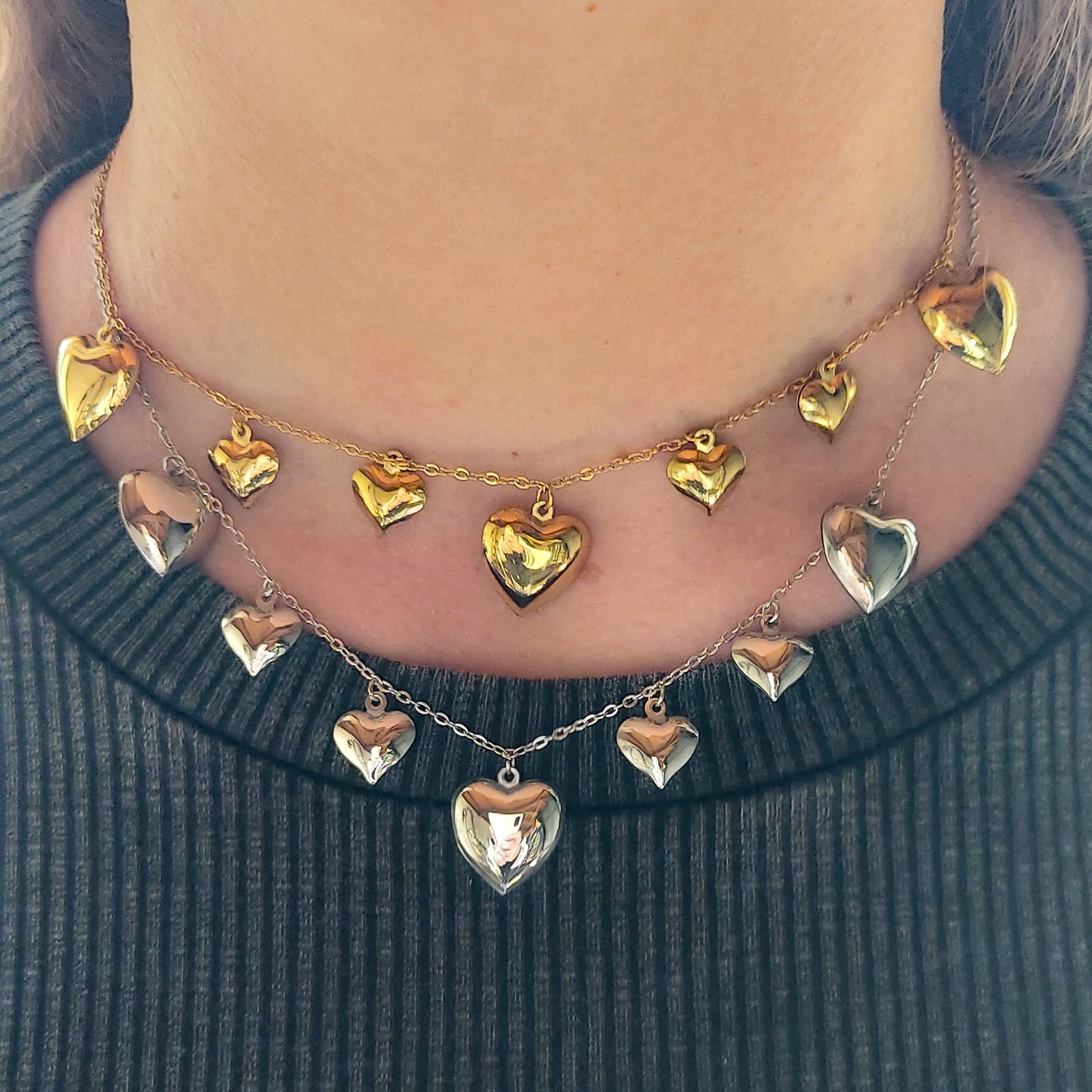 AURELIE ~ Collana ACCIAIO INOSSIDABILE con cuori bombe'