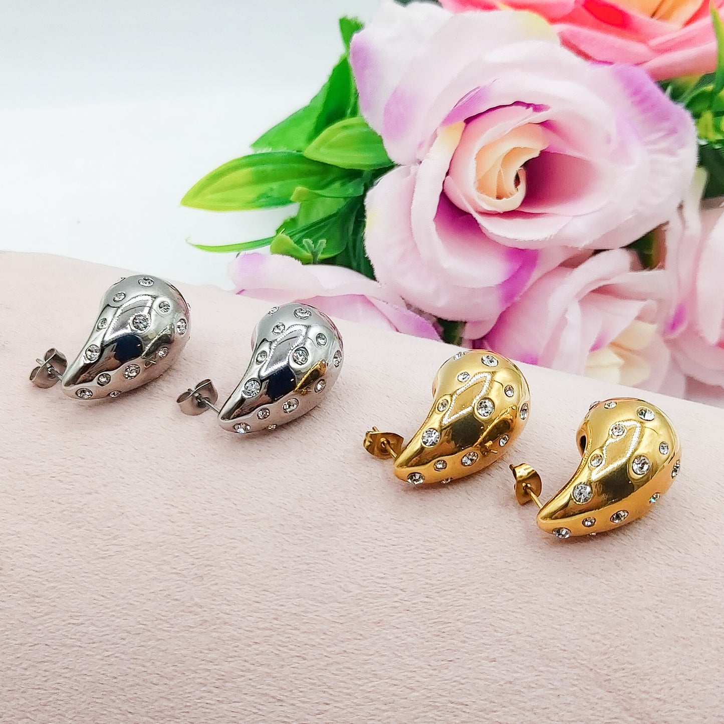 DROP CRYSTAL - ACCIAIO INOSSIDABILE ~ Paio Orecchini goccia bombe' + cubic zirconia