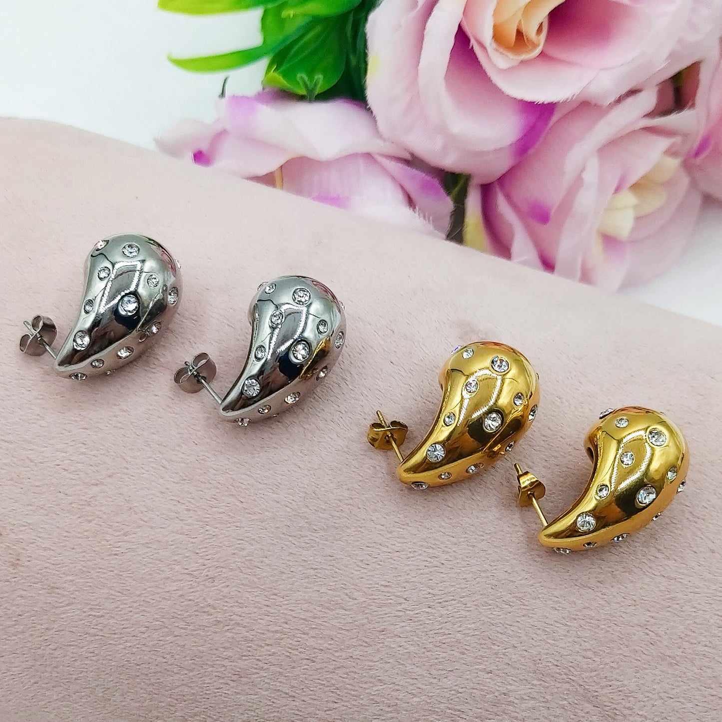 DROP CRYSTAL - ACCIAIO INOSSIDABILE ~ Paio Orecchini goccia bombe' + cubic zirconia
