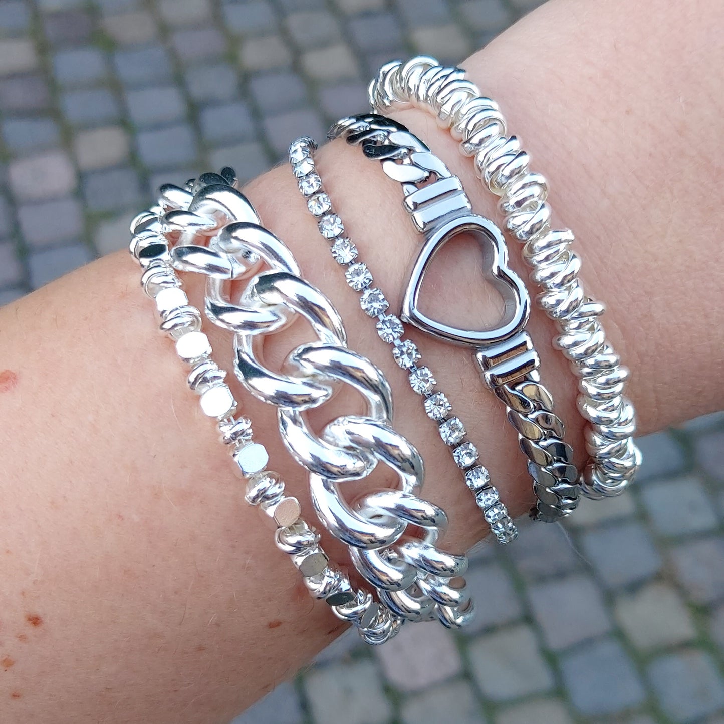 NODINI bagnato ARGENTO ~ Bracciale UNISEX in ACCIAIO con anelline e nodini