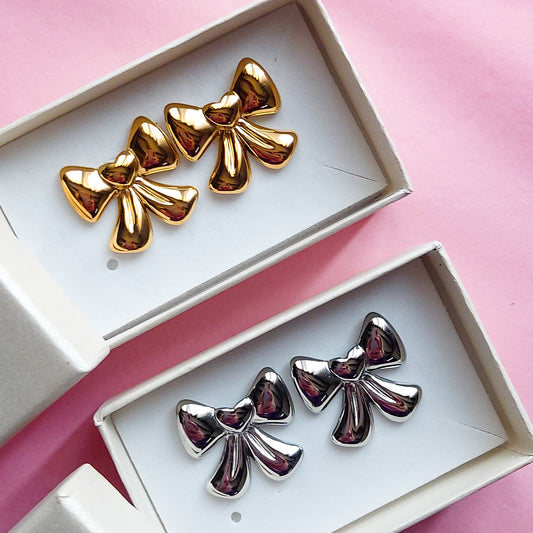 BOW 🎀 STUDS ~ paio orecchini ACCIAIO INOSSIDABILE maxi fiocco bombè