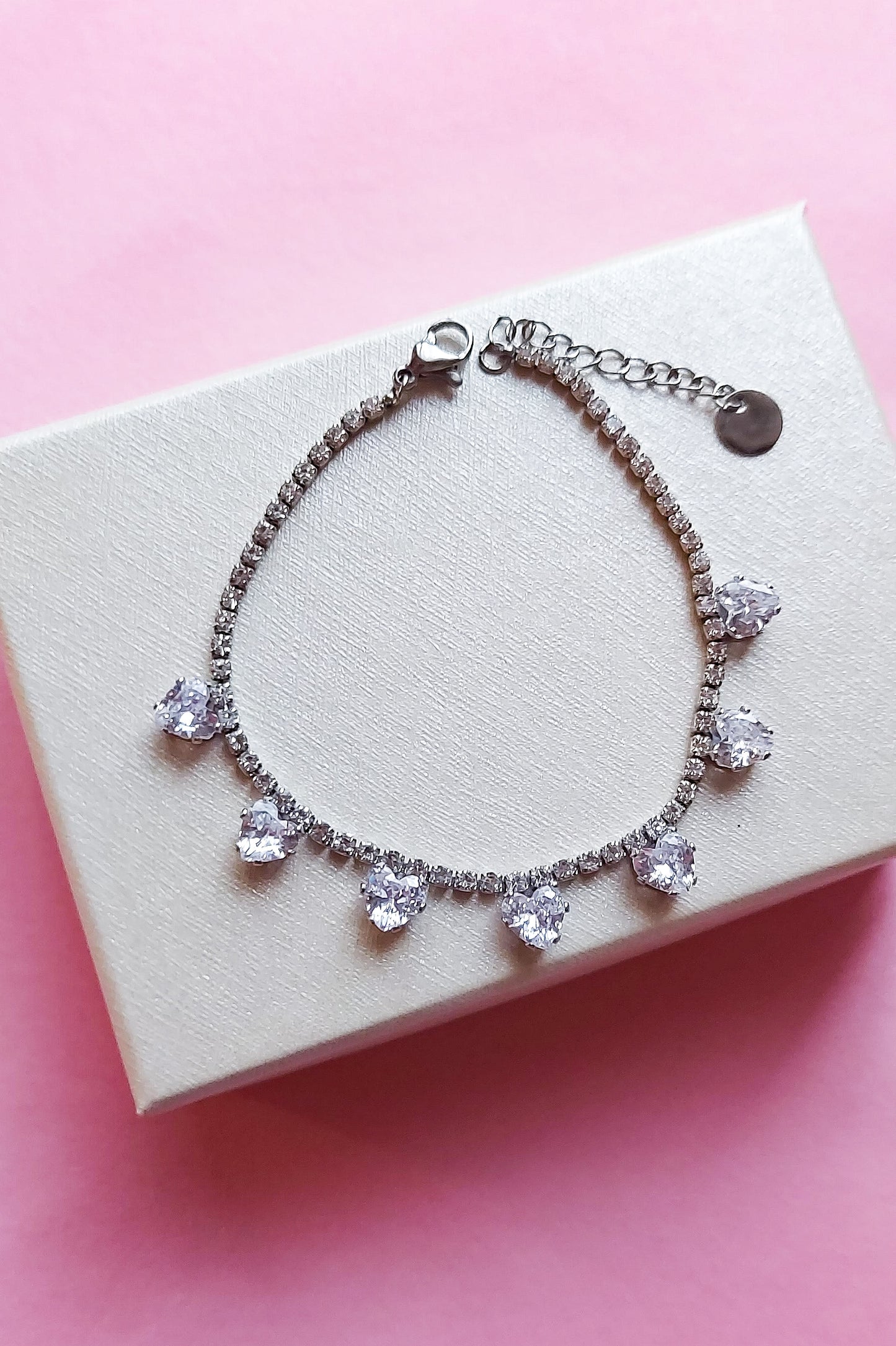PENELOPE ~ Bracciale tennis cuori cubic zirconia ACCIAIO INOSSIDABILE regolabile