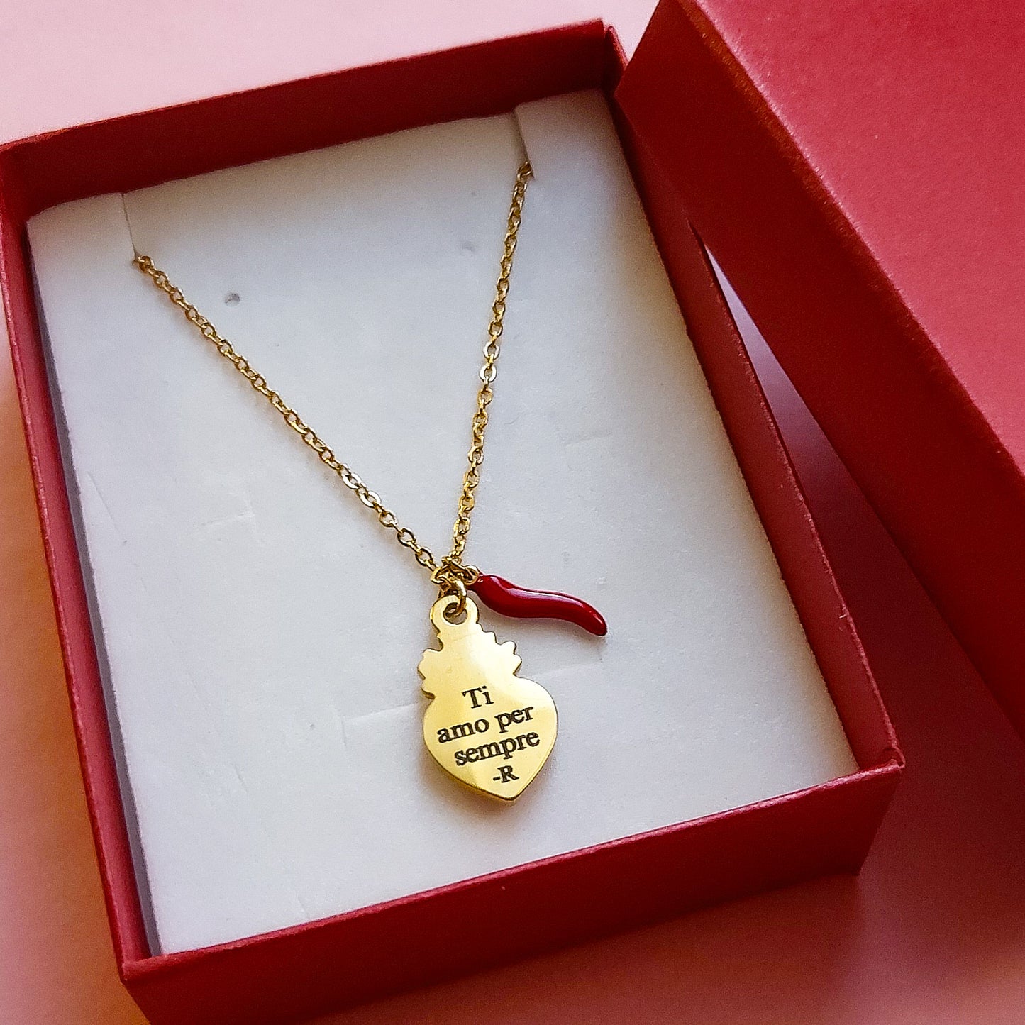 SACRED LUCKY ~ Collana charms cuore sacro e cornetto - ACCIAIO inossidabile