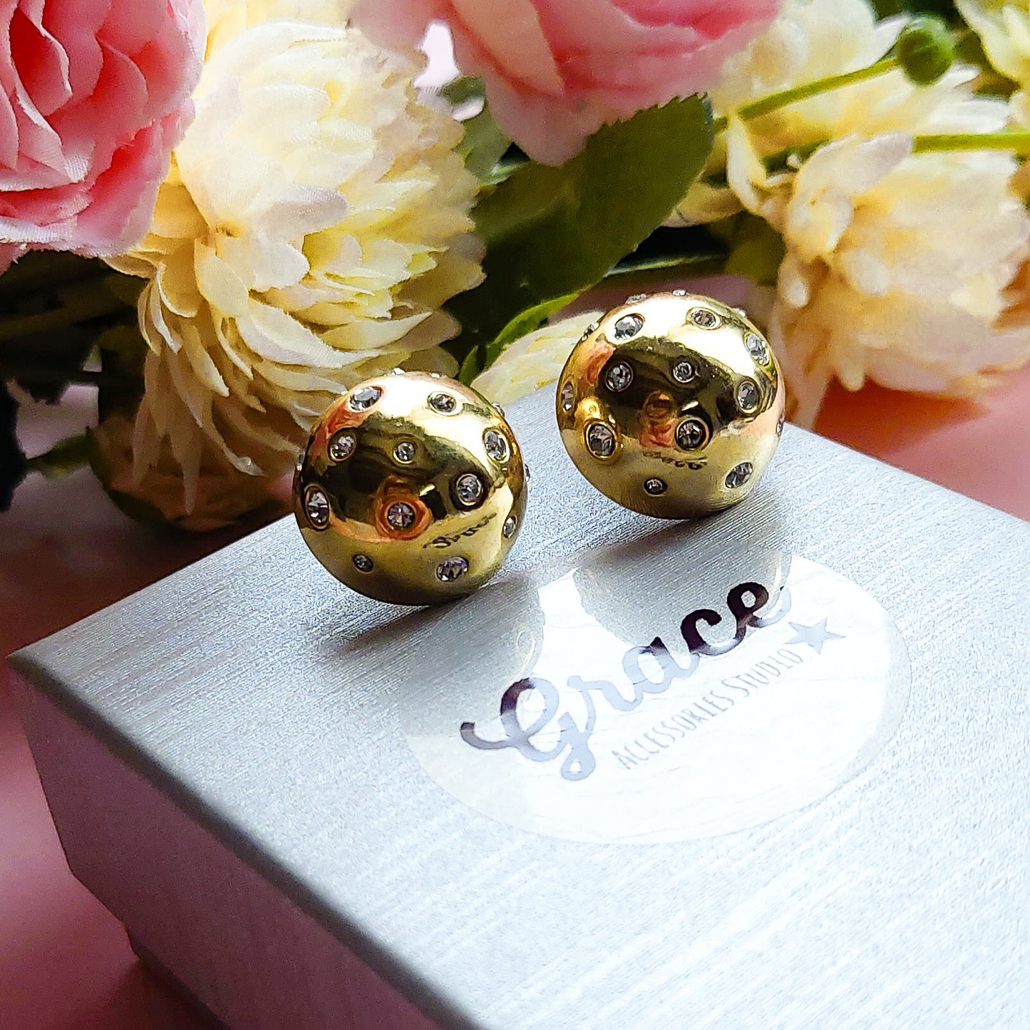 VIVIENNE CRYSTAL - ACCIAIO INOSSIDABILE ~ Paio Orecchini bottone + cubic zirconia