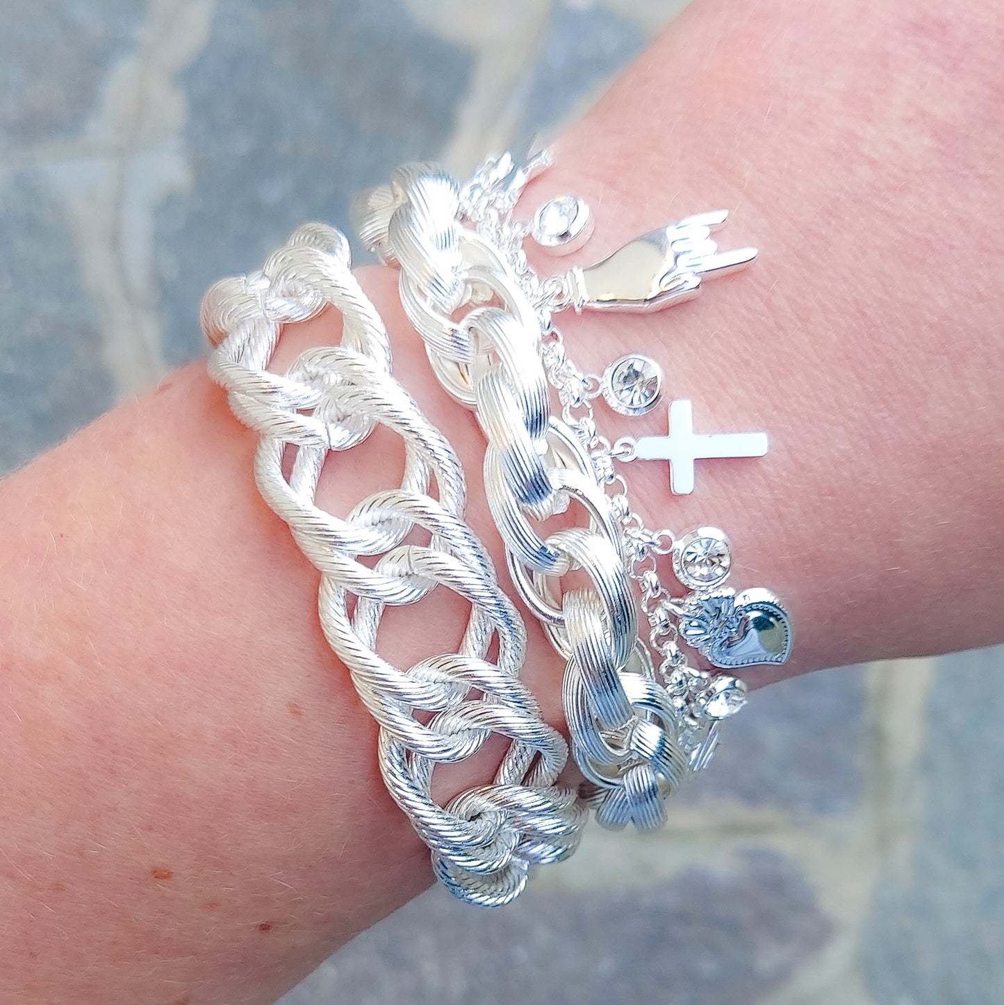 MEGA LUCKY bagnato ARGENTO ~ Bracciale in ACCIAIO INOSSIDABILE con charms scaramantici
