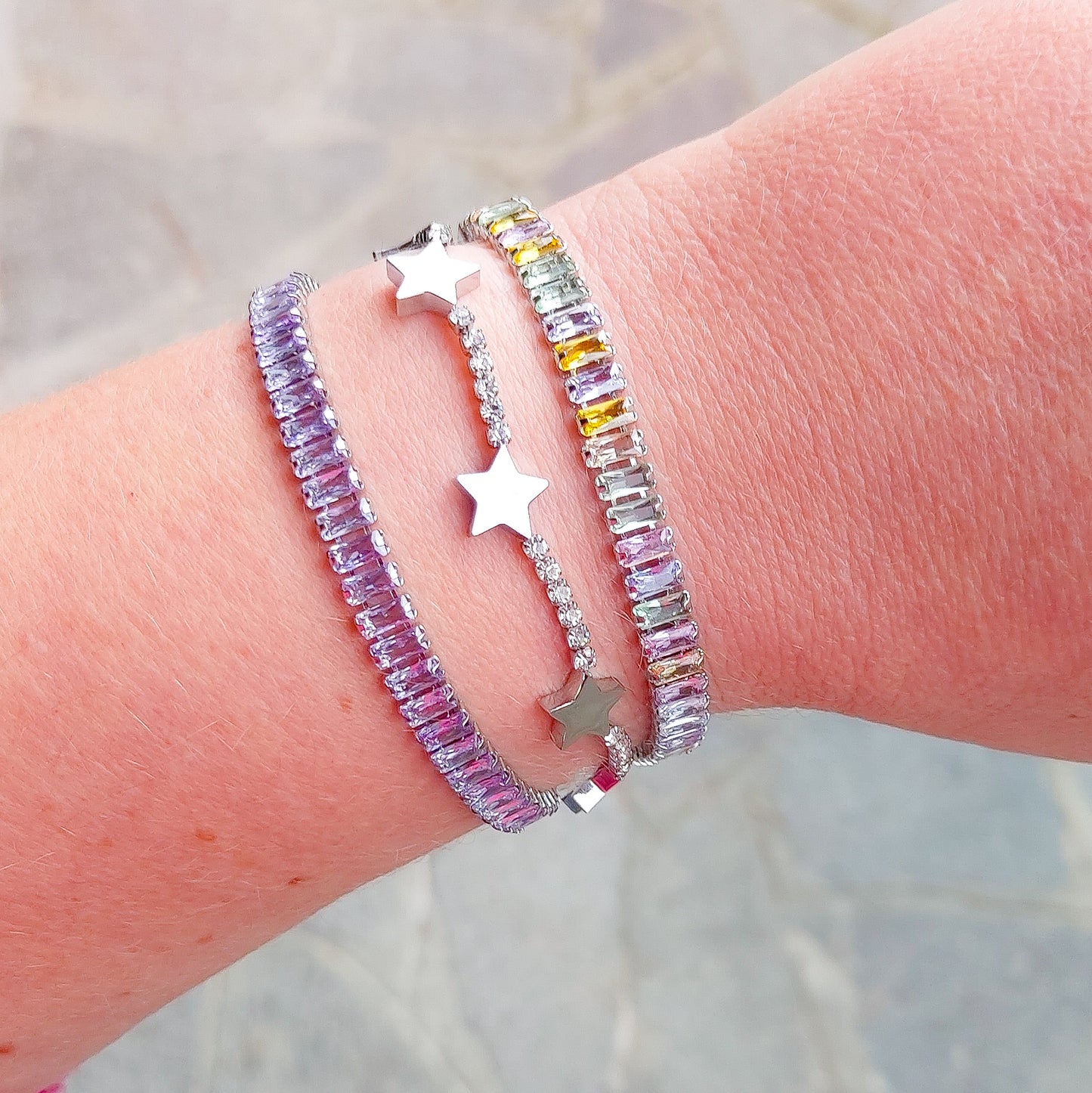 JULIANNE ~ BRACCIALE Tennis 9 Colori - in ACCIAIO INOSSIDABILE con Cubic Zirconia Taglio baguette