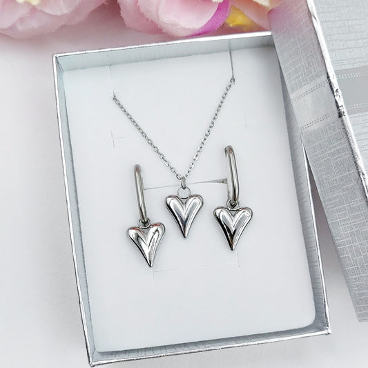 ALMA~ Collana e orecchini cuore appuntito bombè Acciaio inossidabile