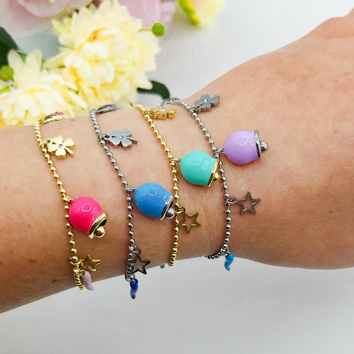 TINKERBELL LUCKY ~ Bracciale ACCIAIO INOSSIDABILE con campanella e charms portafortuna