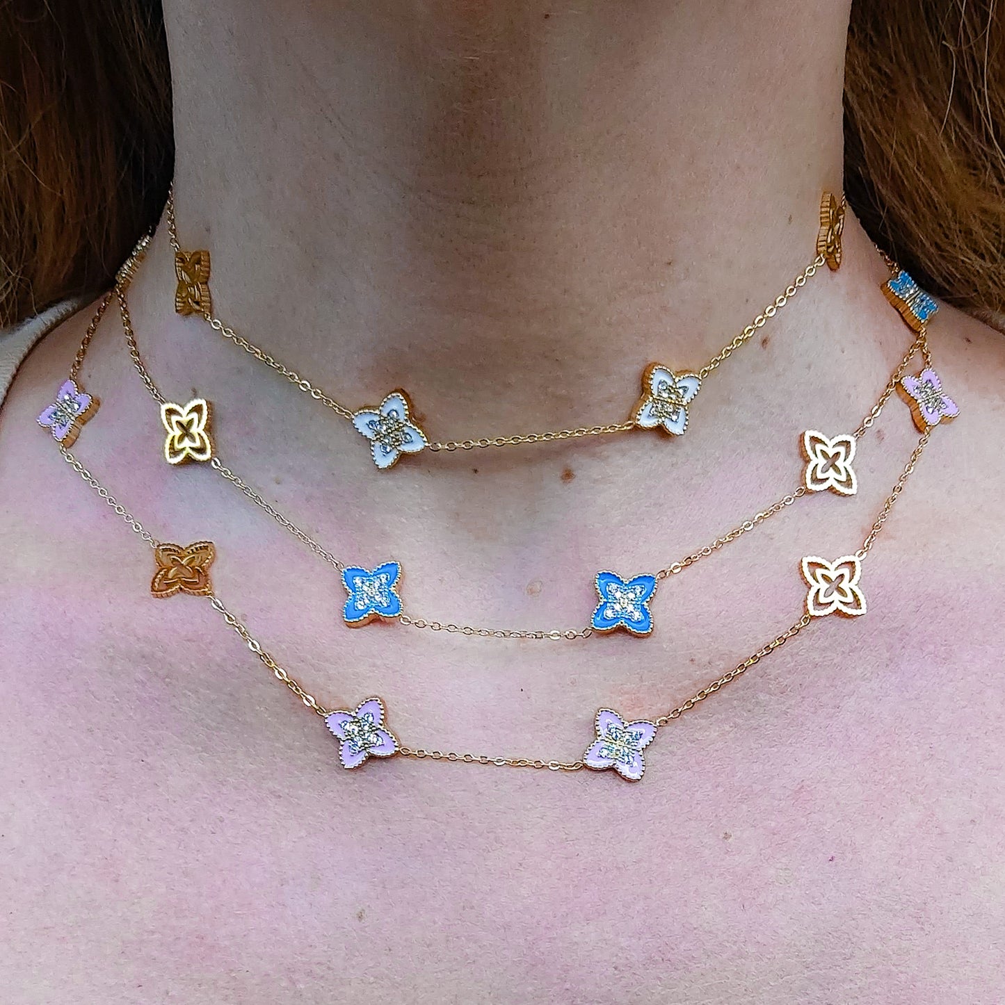 LILY SHINE ~ Collana flowers in ACCIAIO inossidabile smaltato + cubic zirconia