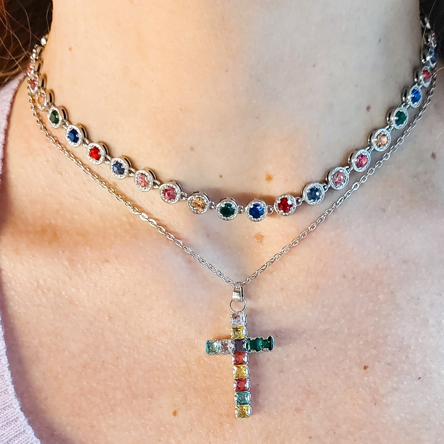 DELILAH RAINBOW ~ ACCIAIO INOSSIDABILE -Collana tennis in cubic zirconia rotondi