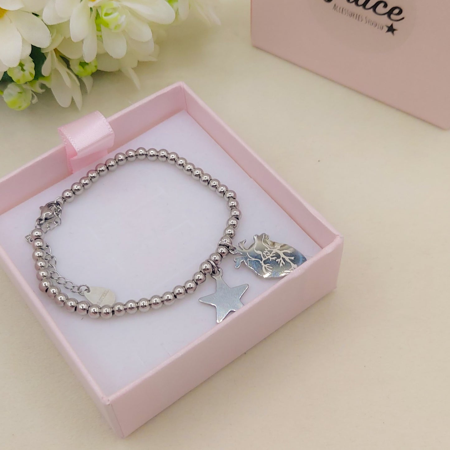 HUMAN HEART charm BRACCIALE Pallini ~ ACCIAIO inossidabile - Bracciale cuore anatomico con ciondoli