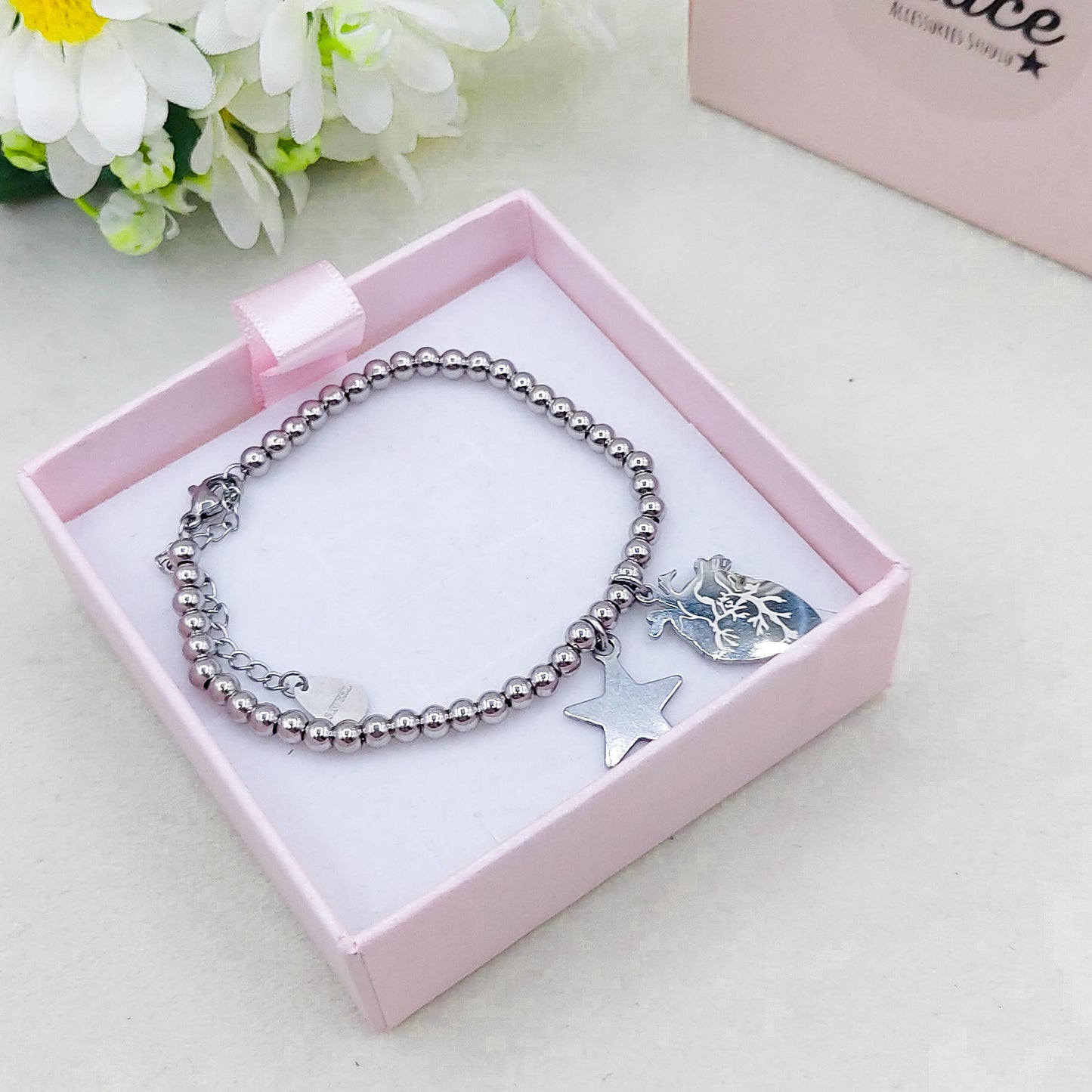 HUMAN HEART charm BRACCIALE Pallini ~ ACCIAIO inossidabile - Bracciale cuore anatomico con ciondoli
