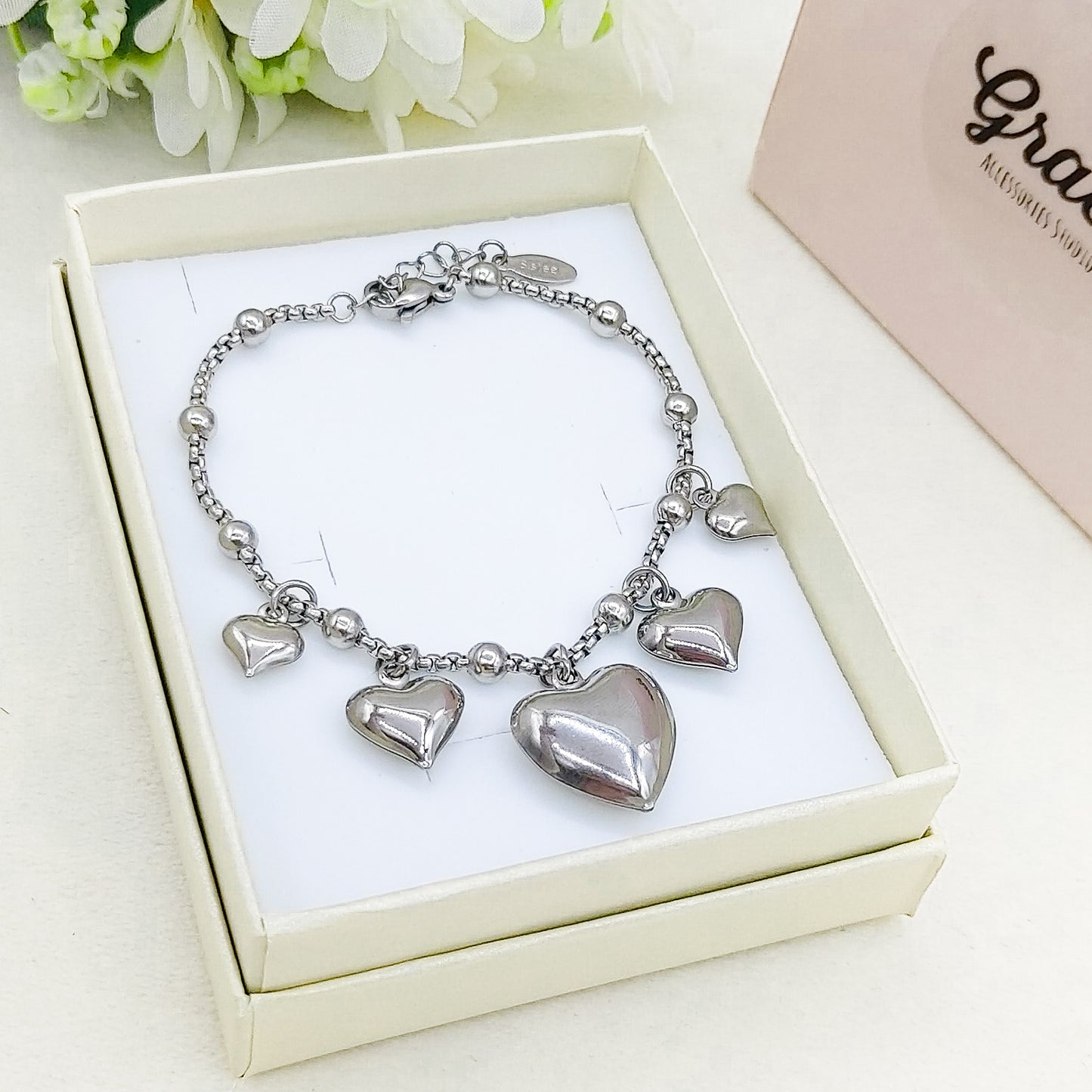 AURELIE omaggio ORO - Bracciale ACCIAIO INOSSIDABILE con cuori bombè CHIAMAANGELI