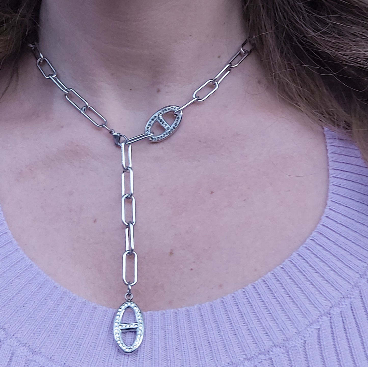 ANDROMEDA - ACCIAIO INOSSIDABILE- Collana cravattina in catena paper clip con cubic zirconia