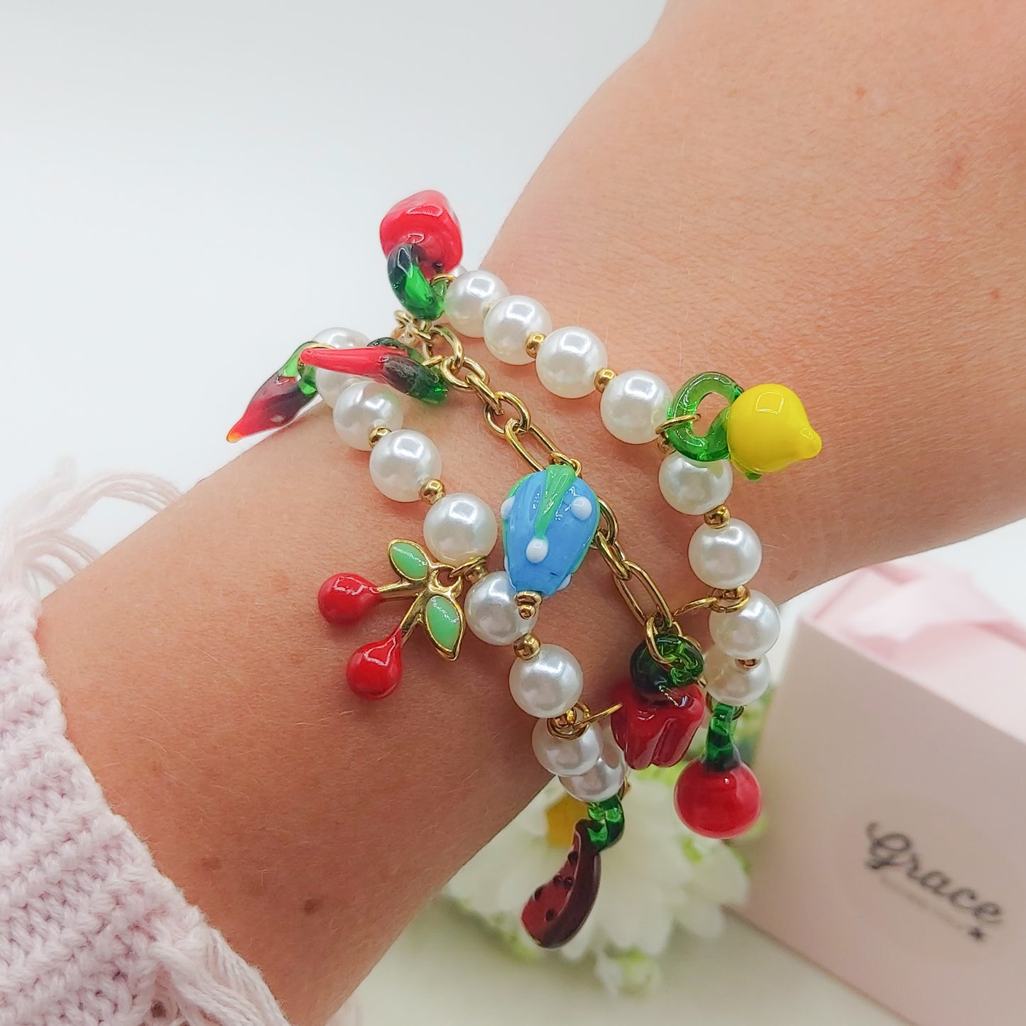 SUMMER IN ITALY PEARLS BRACELET - ACCIAIO inossidabile - Bracciale catena charms frutta estiva