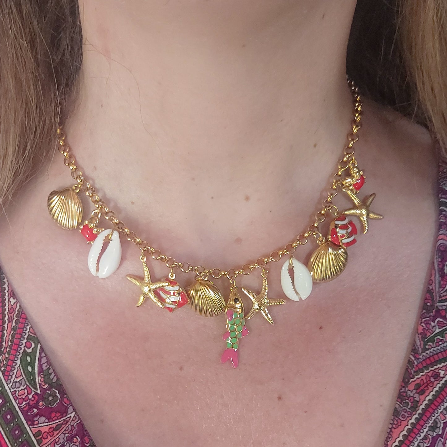 REEF - Collana con MAXI charms marini smaltati in ACCIAIO INOSSIDABILE + conchiglie madreperla
