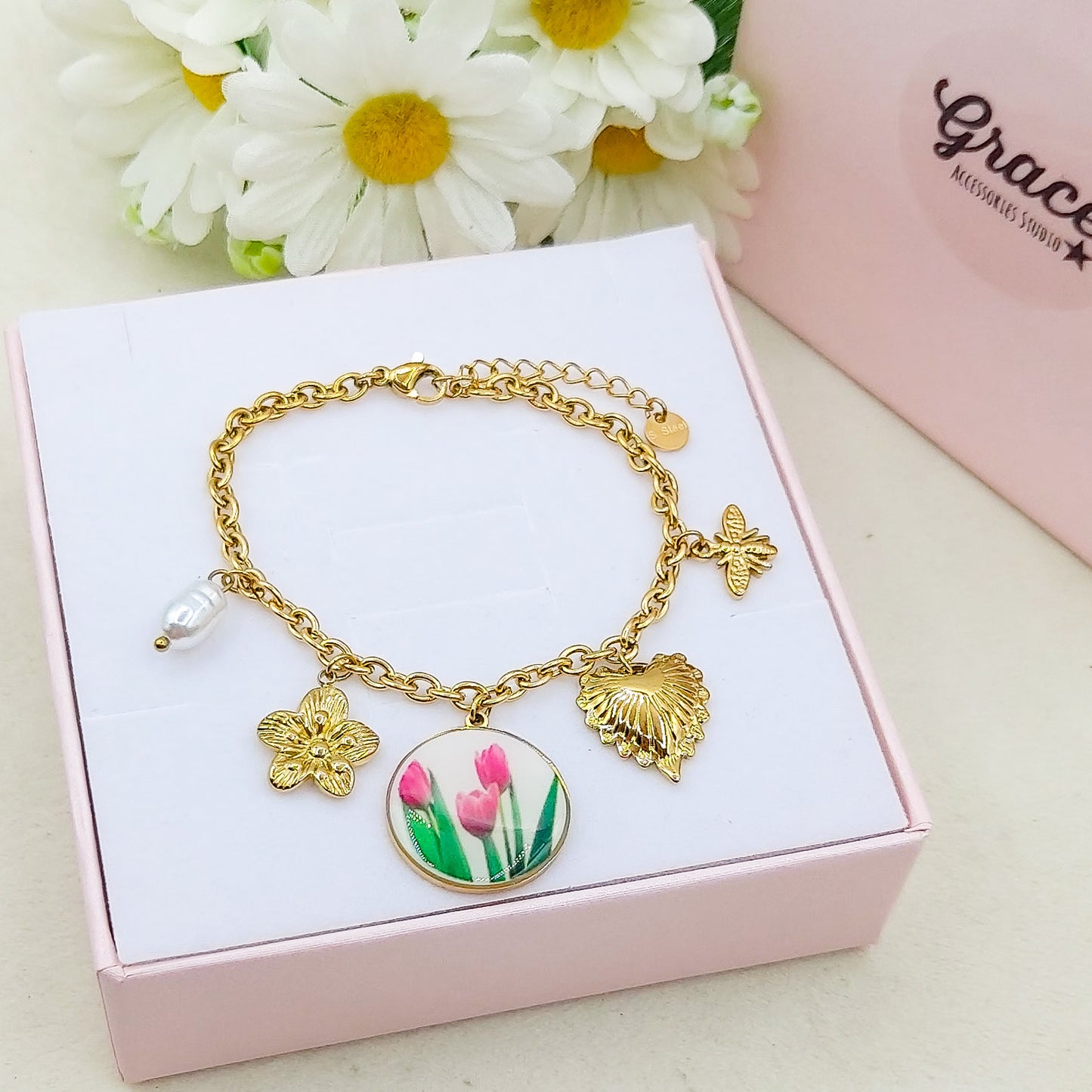 SABINE Bracciale con charms fiori vintage e frutta - ACCIAIO INOSSIDABILE