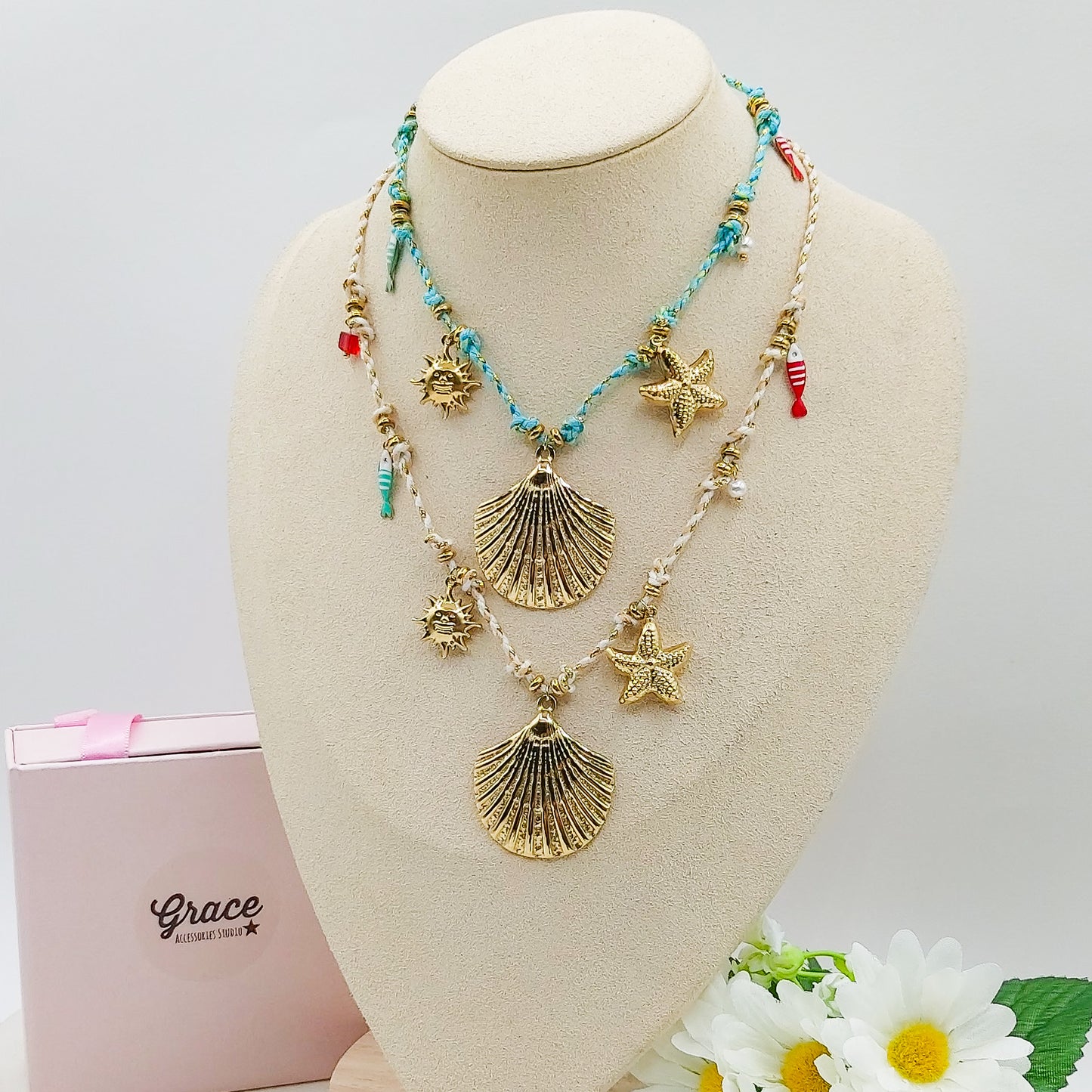 SHELL COLLANA - ACCIAIO inossidabile - Collana intrecciata con conchiglia e pietre dure