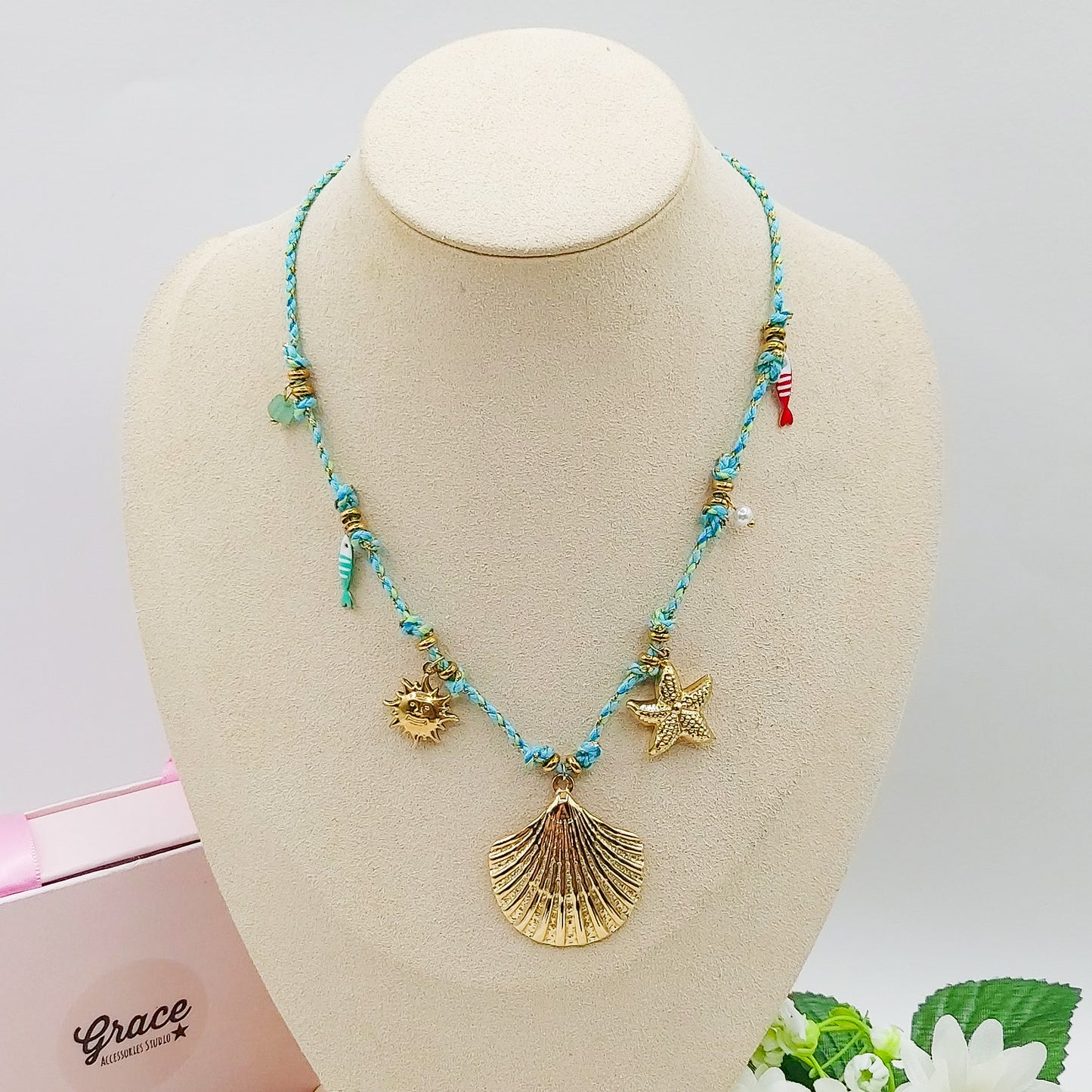 SHELL COLLANA - ACCIAIO inossidabile - Collana intrecciata con conchiglia e pietre dure