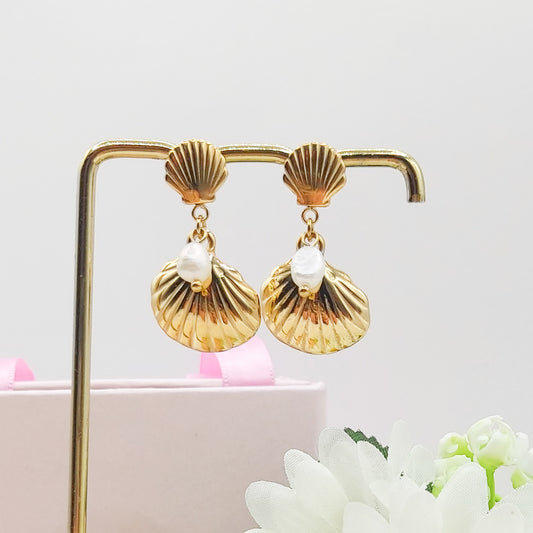 SHELL pendenti - Orecchini pendenti vintage - ACCIAIO INOSSIDABILE ~ Paio Orecchini a conchiglia