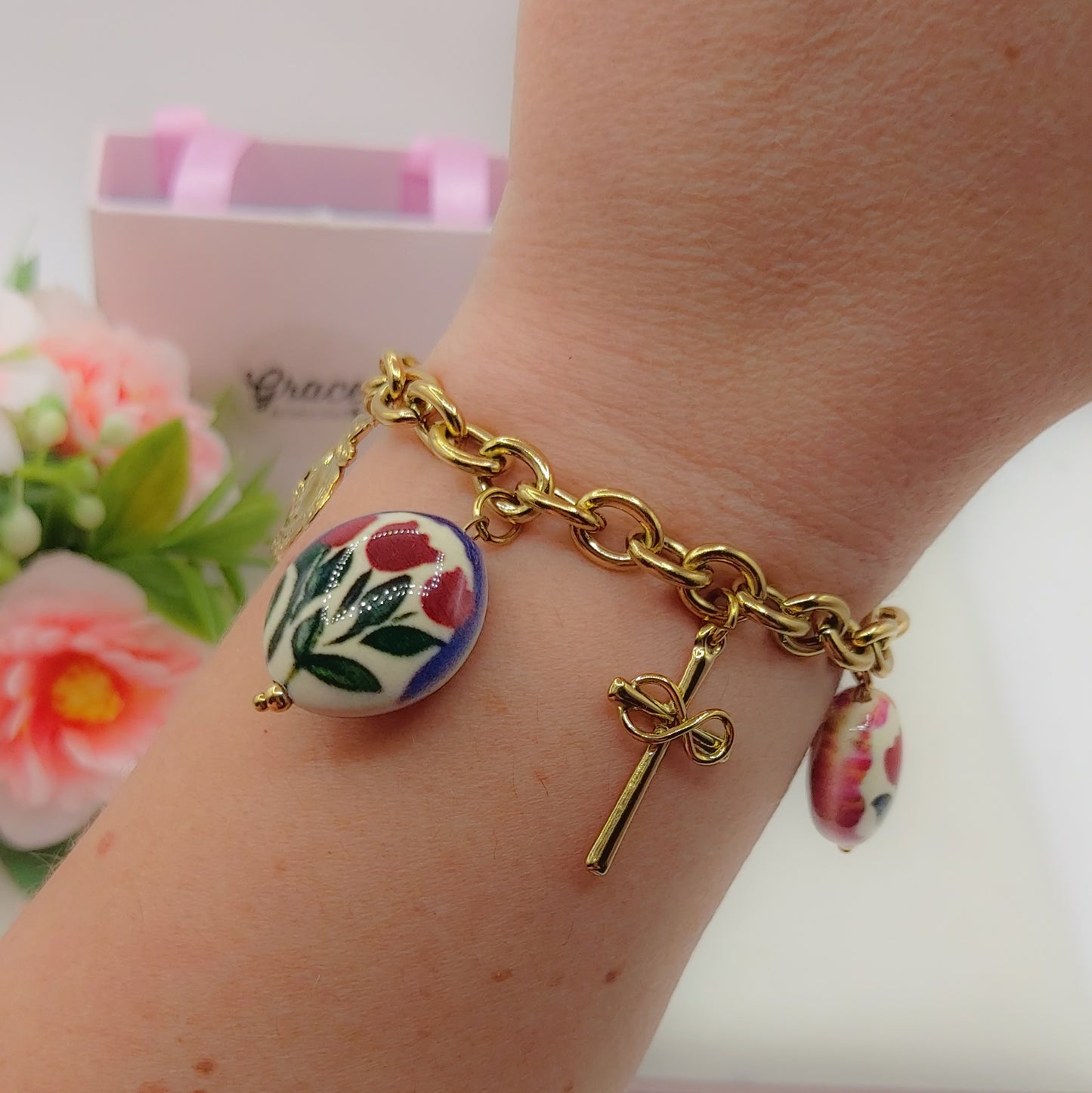 CAROL Bracciale con charms fiori vintage, farfalle e cuori - ACCIAIO INOSSIDABILE