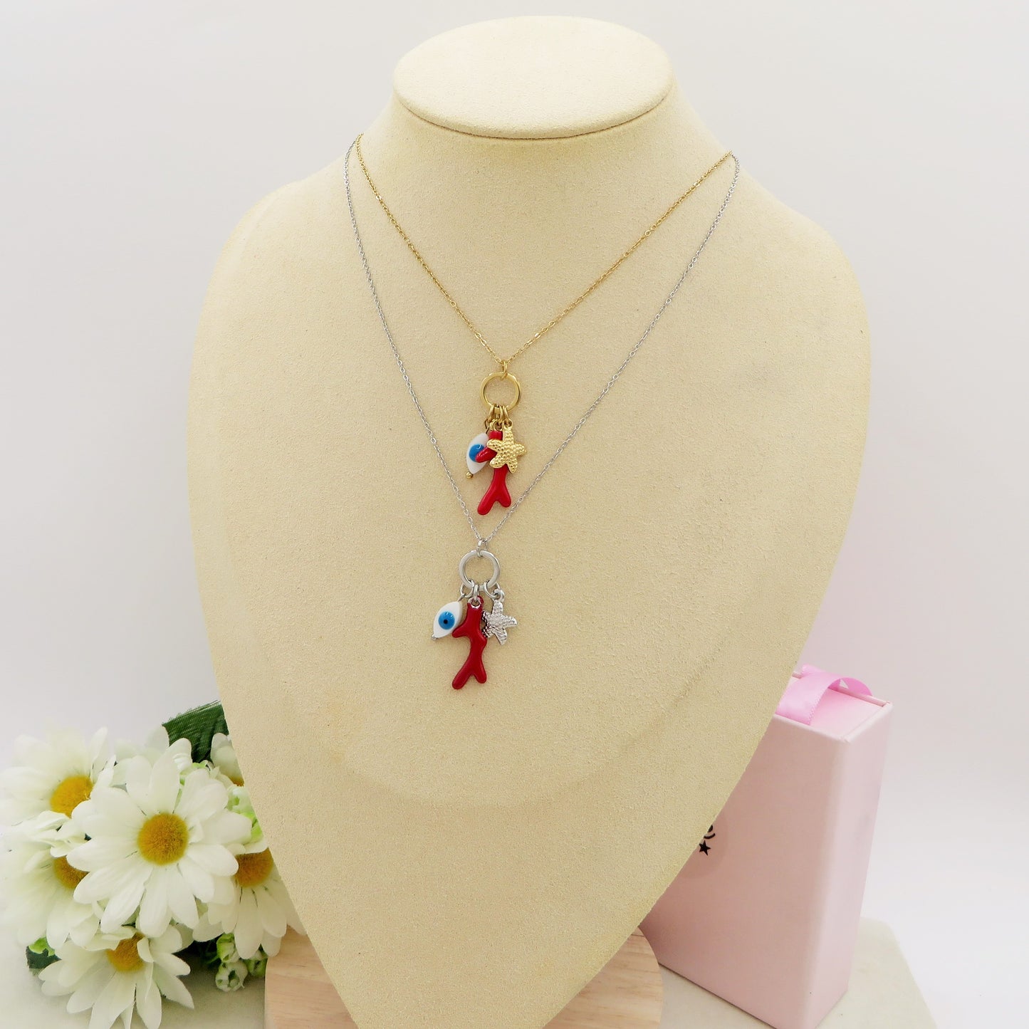 CORALINE Collana ~ ACCIAIO INOSSIDABILE - Collana catenina con ciondoli marini, corallo, stella marina e occhio greco