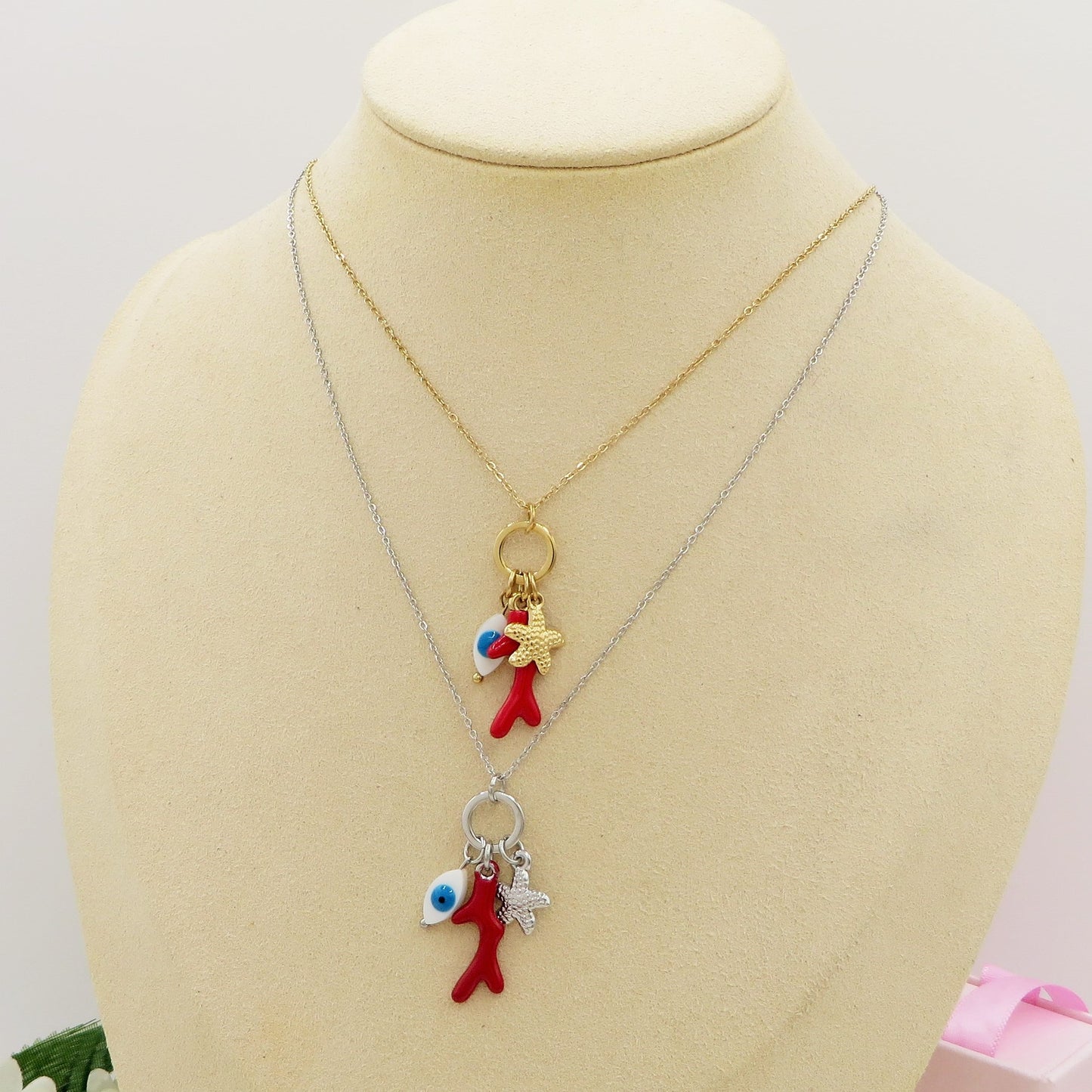 CORALINE Collana ~ ACCIAIO INOSSIDABILE - Collana catenina con ciondoli marini, corallo, stella marina e occhio greco