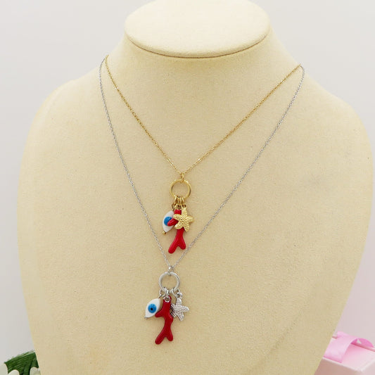 CORALINE Collana ~ ACCIAIO INOSSIDABILE - Collana catenina con ciondoli marini, corallo, stella marina e occhio greco
