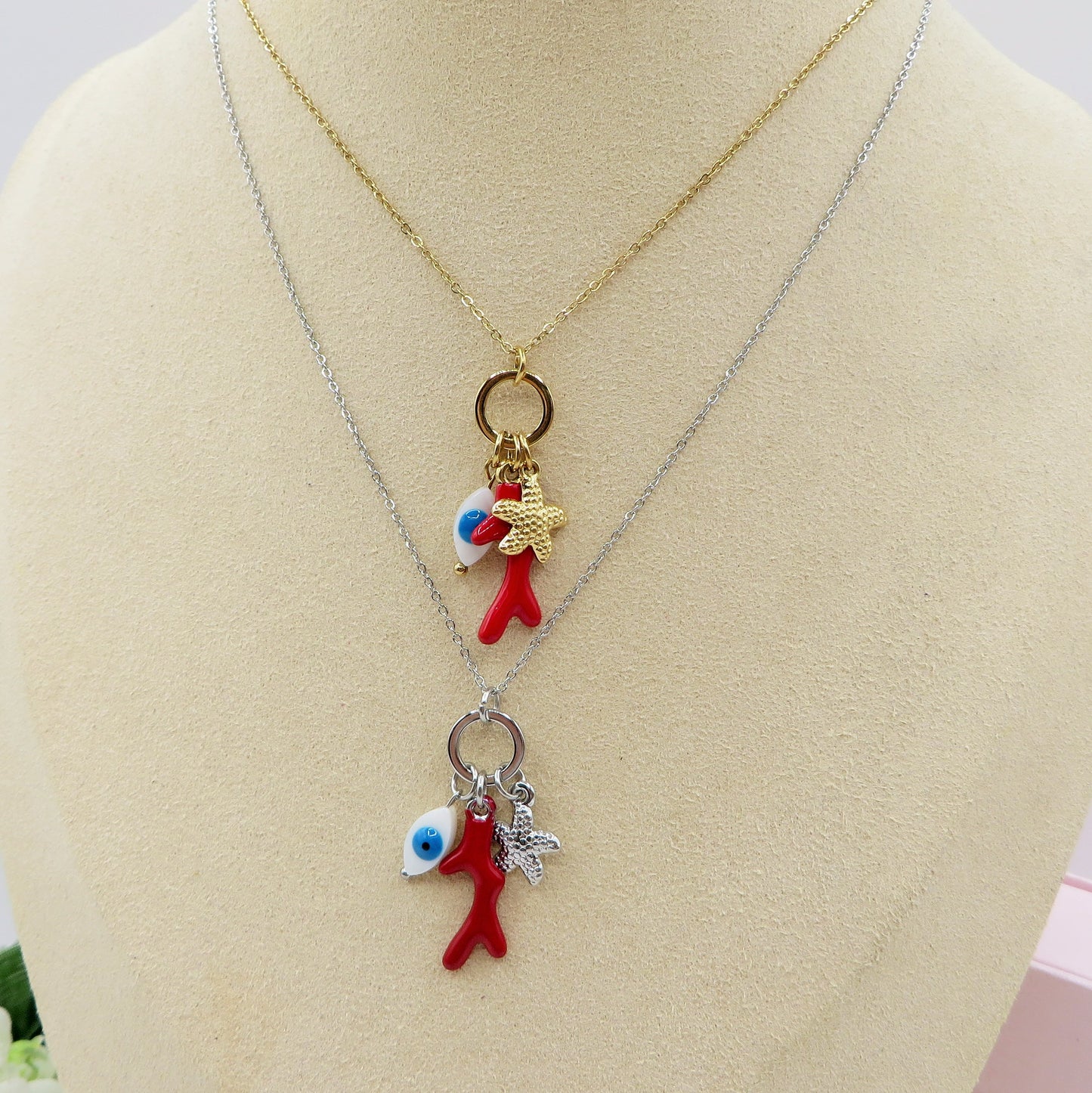 CORALINE Collana ~ ACCIAIO INOSSIDABILE - Collana catenina con ciondoli marini, corallo, stella marina e occhio greco