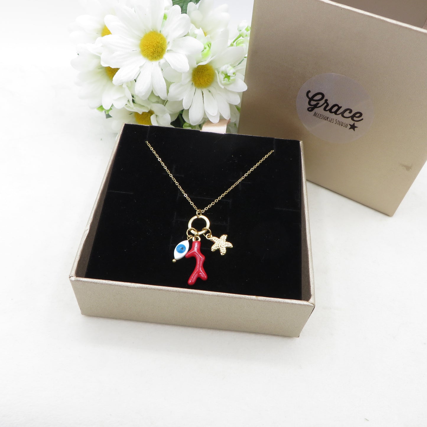 CORALINE Collana ~ ACCIAIO INOSSIDABILE - Collana catenina con ciondoli marini, corallo, stella marina e occhio greco