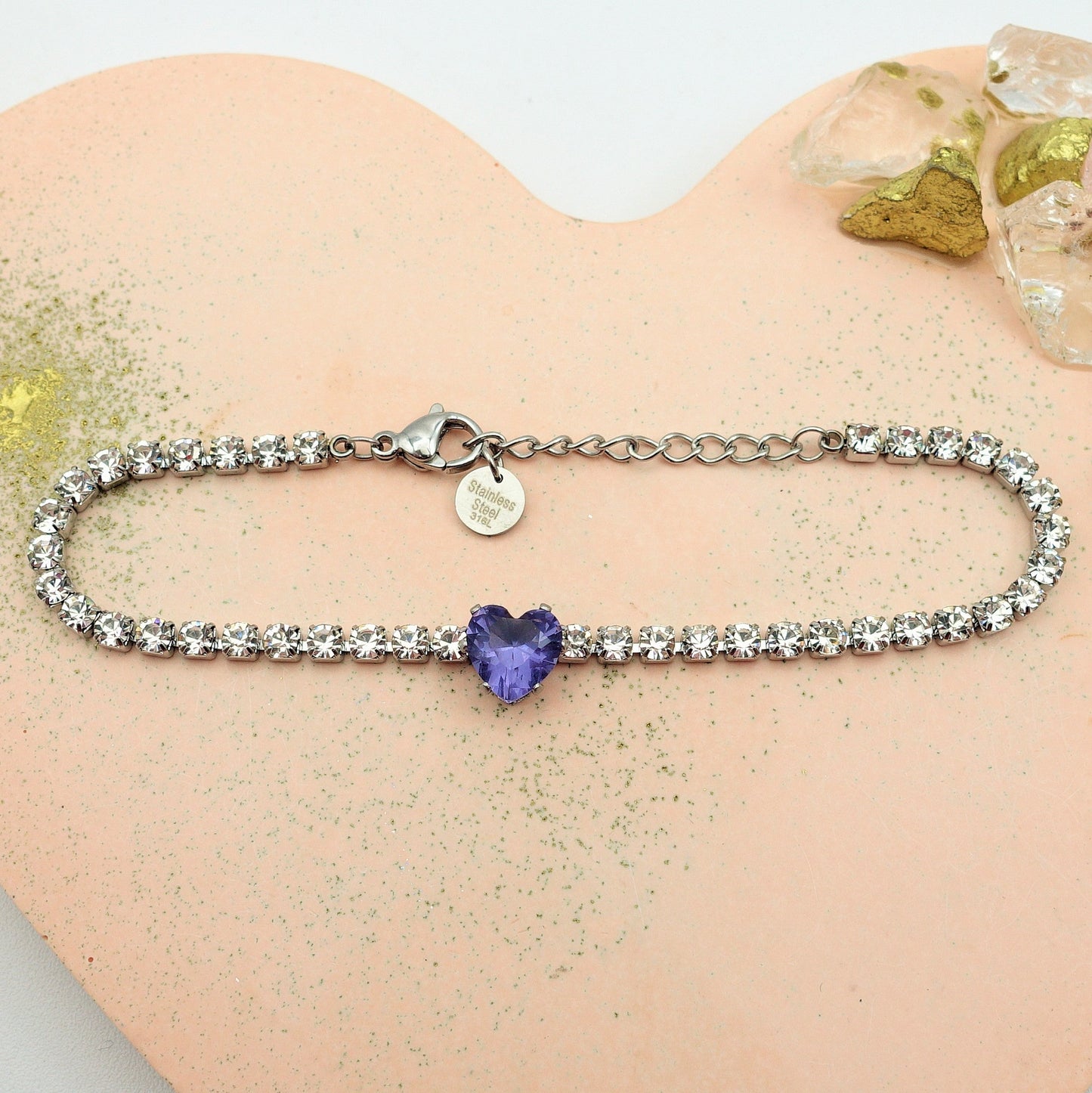 AURORA~ ACCIAIO INOSSIDABILE - Bracciale tennis in cubic zirconia con cuore centrale