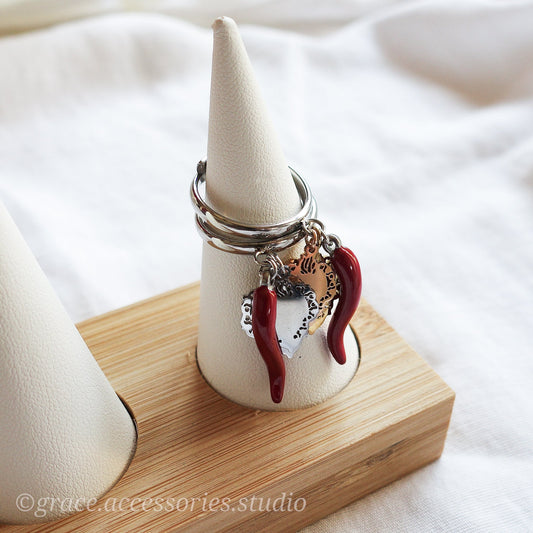 LUCKY ~ Anello charms cornetto + cuore sacro ACCIAIO INOSSIDABILE