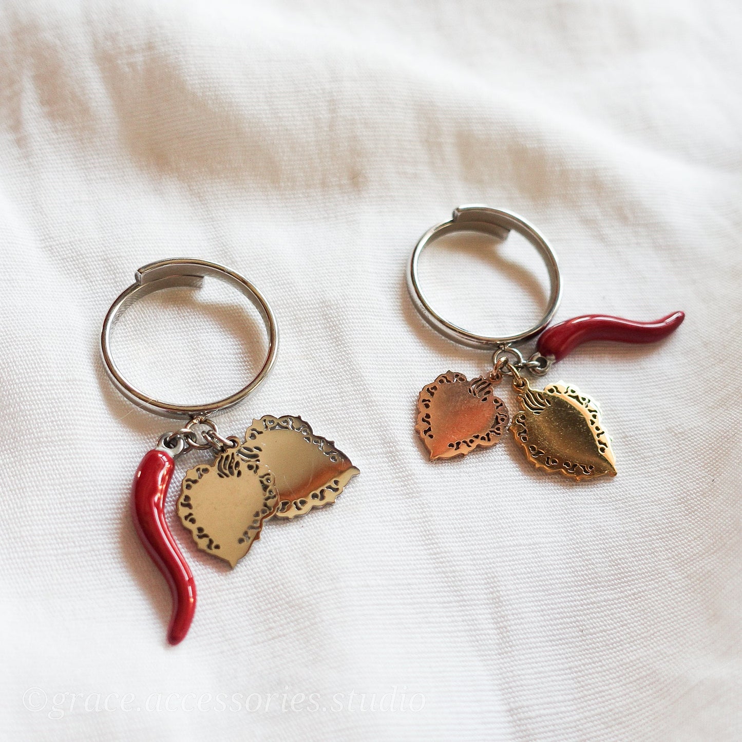 LUCKY ~ Anello charms cornetto + cuore sacro ACCIAIO INOSSIDABILE