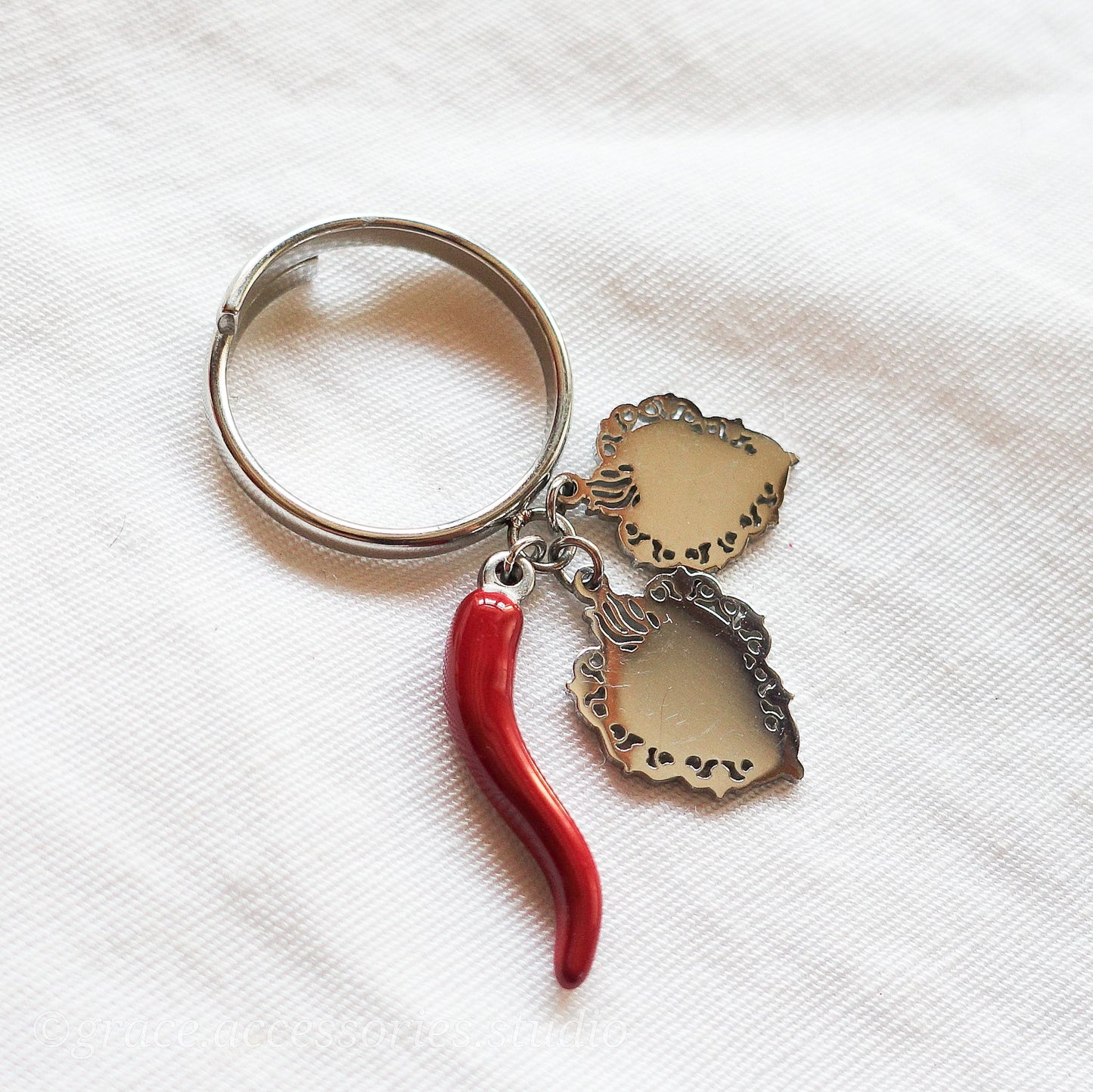 LUCKY ~ Anello charms cornetto + cuore sacro ACCIAIO INOSSIDABILE