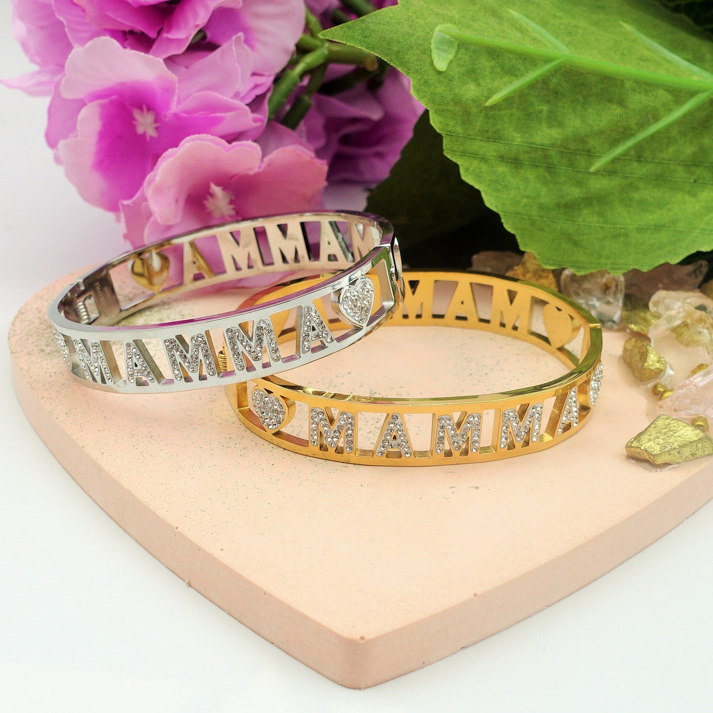 MAMMA BRACCIALE A MANETTA~ ACCIAIO INOSSIDABILE - CON SCRITTA MAMMA E ZIRCONI