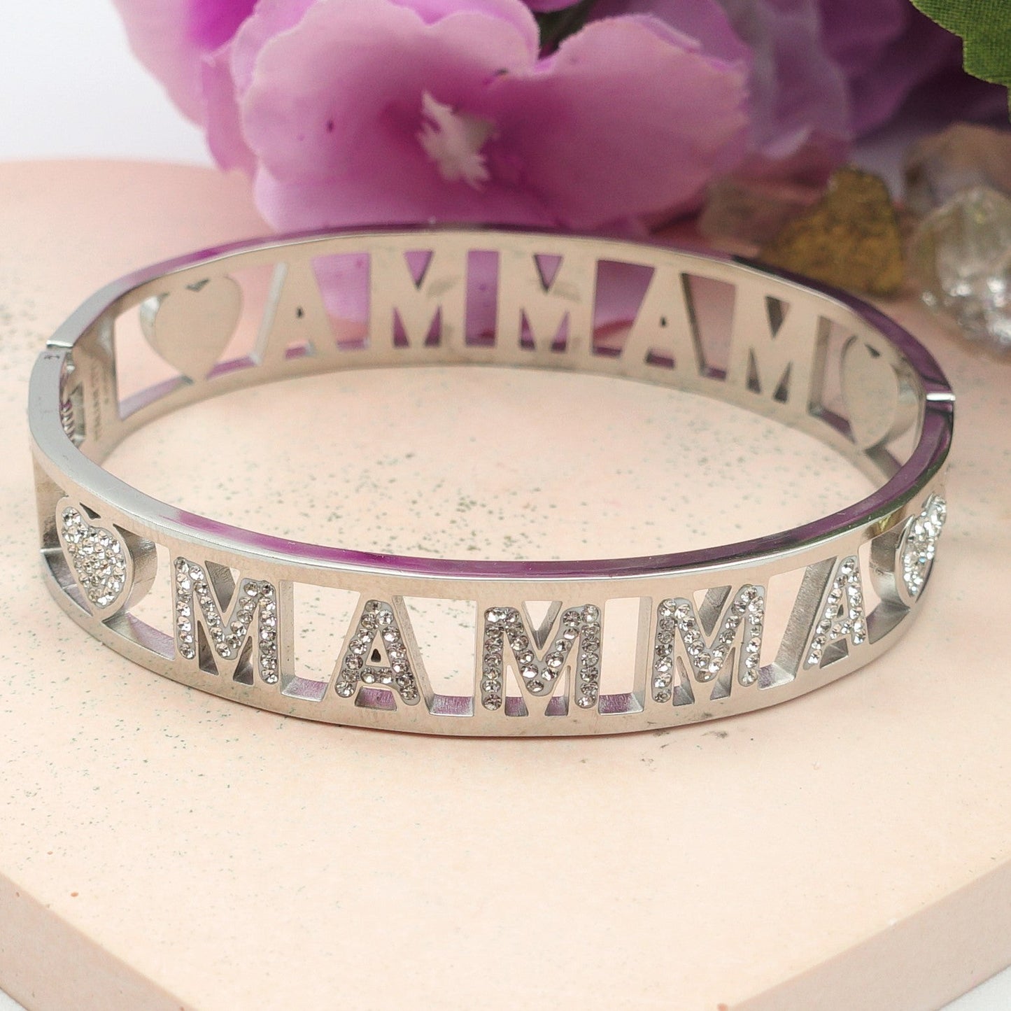 MAMMA BRACCIALE A MANETTA~ ACCIAIO INOSSIDABILE - CON SCRITTA MAMMA E ZIRCONI
