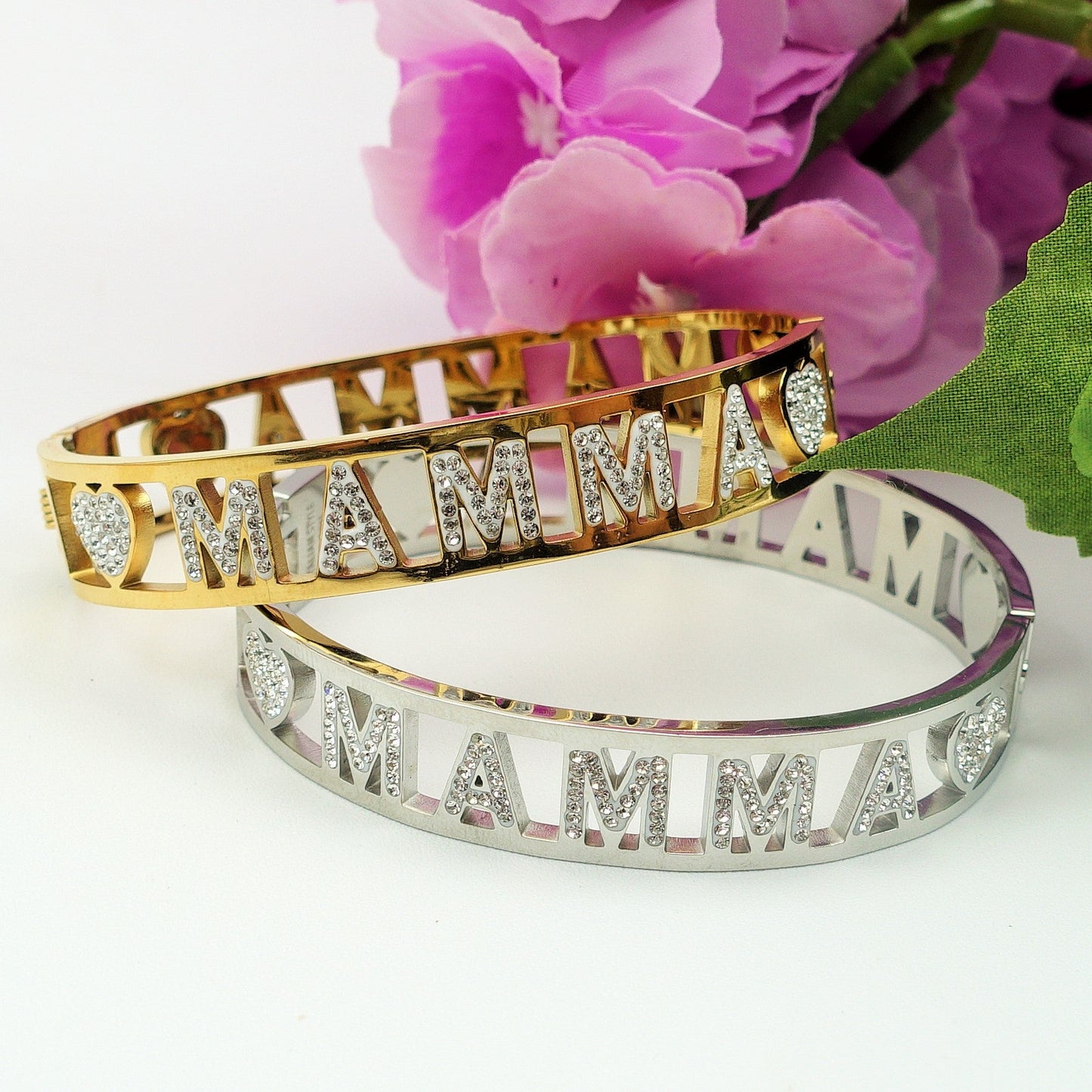 MAMMA BRACCIALE A MANETTA~ ACCIAIO INOSSIDABILE - CON SCRITTA MAMMA E ZIRCONI