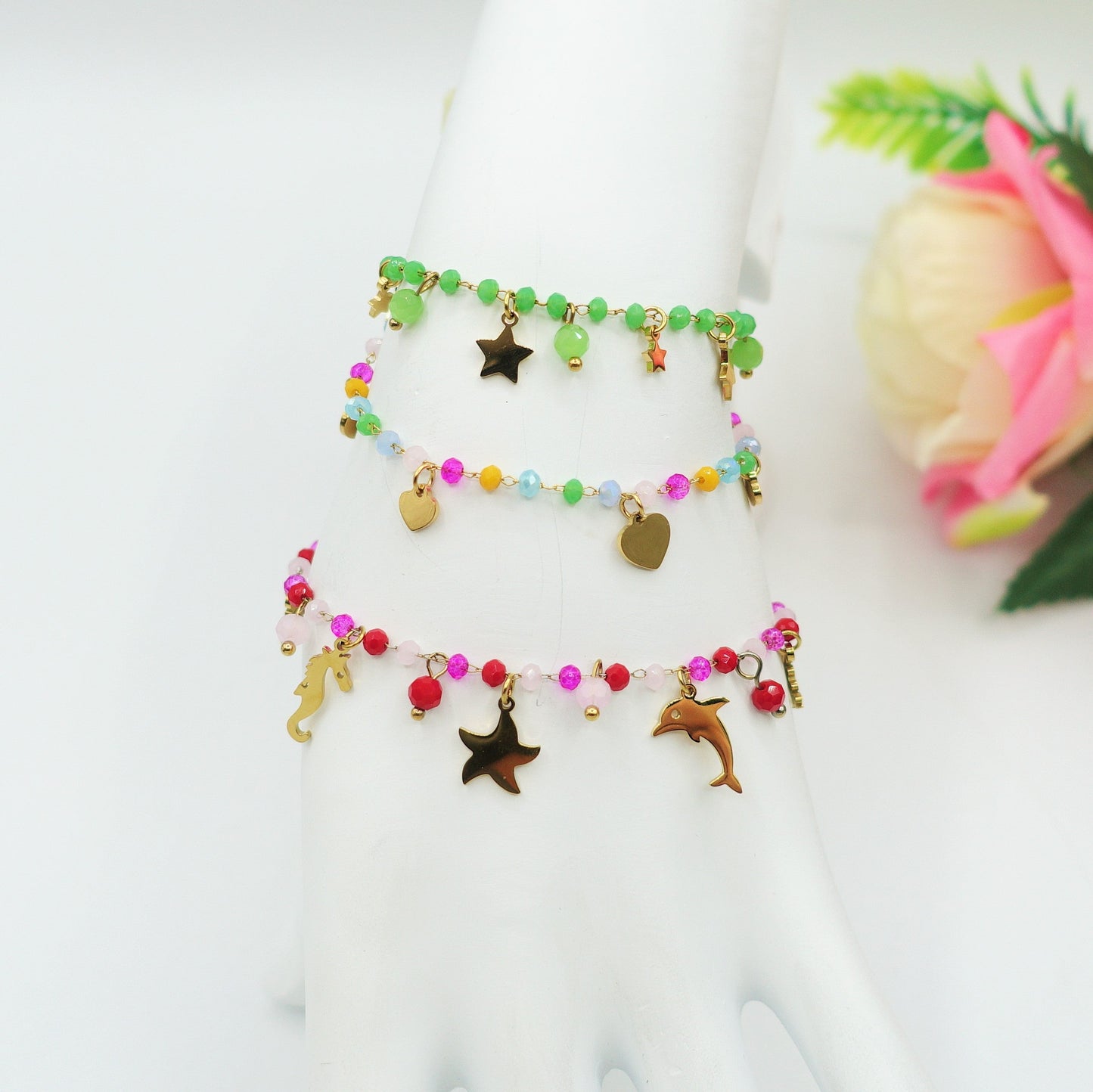 FLORIDA ~ Bracciale ACCIAIO INOSSIDABILE con cristalli e ciondoli marini