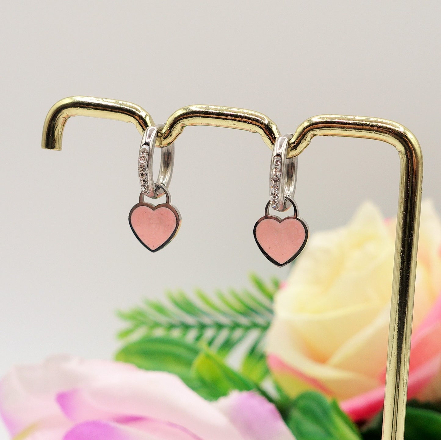 LYDIA - ACCIAIO INOSSIDABILE ~ Paio Orecchini mini cerchi zirconati con cuore smaltato