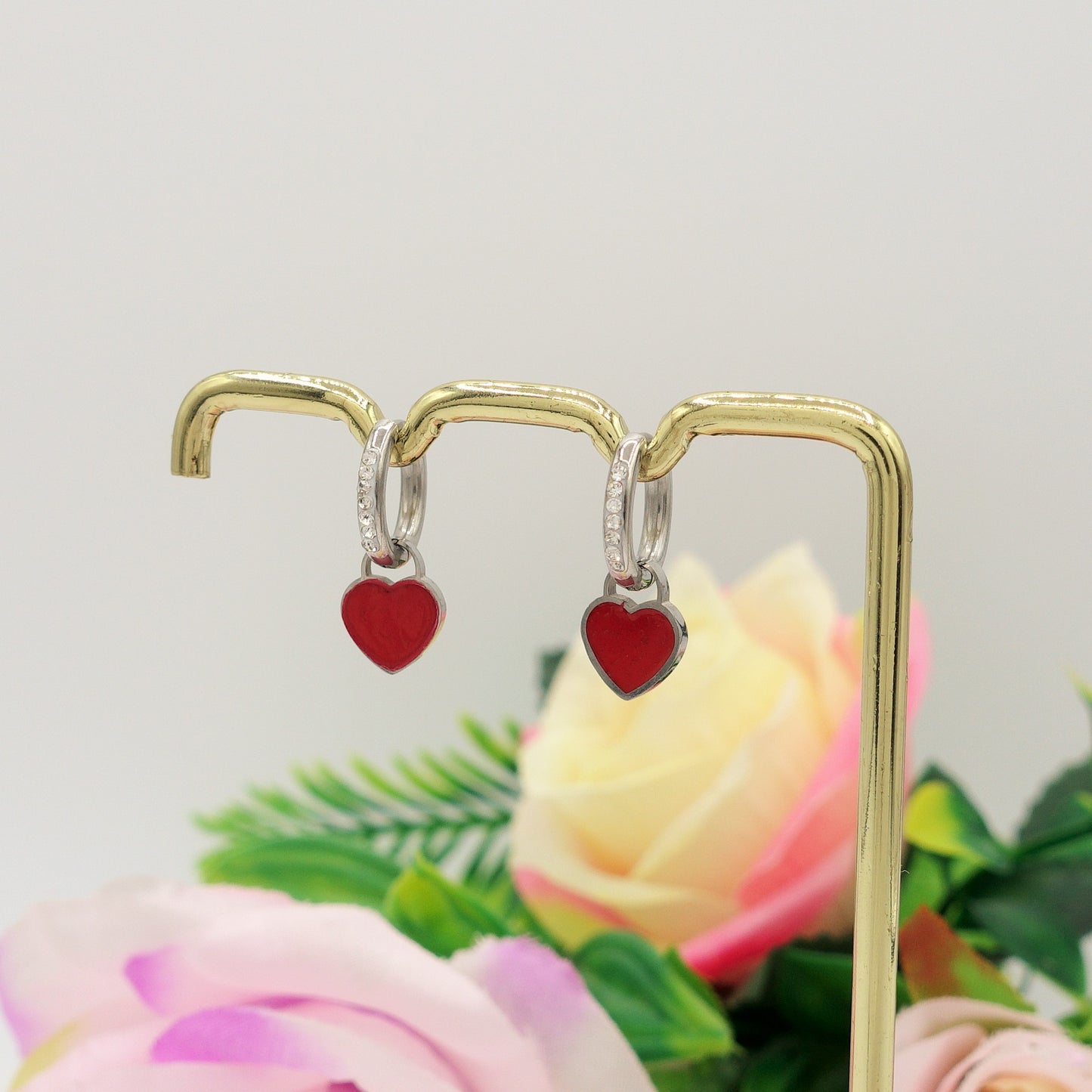 LYDIA - ACCIAIO INOSSIDABILE ~ Paio Orecchini mini cerchi zirconati con cuore smaltato