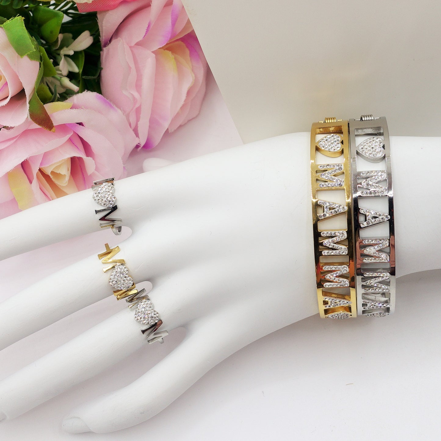 MAMMA BRACCIALE A MANETTA~ ACCIAIO INOSSIDABILE - CON SCRITTA MAMMA E ZIRCONI