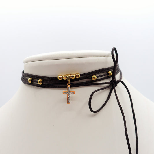 MALAGA - ACCIAIO INOSSIDABILE - Collana cordino seta con croce zirconata