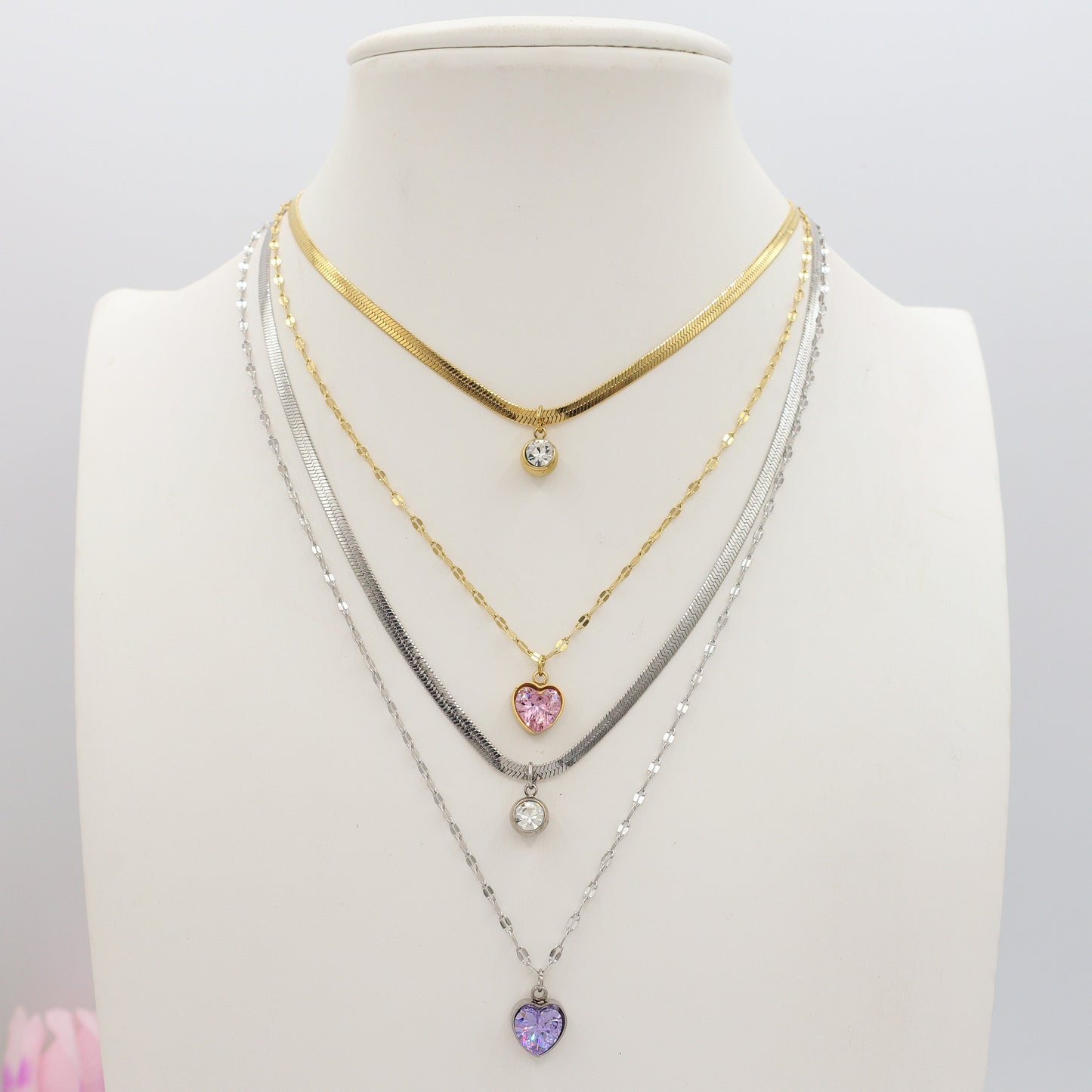 BLOSSOM ~ 2 in 1 Collana in ACCIAIO INOSSIDABILE doppia con cuore e cubic zirconia