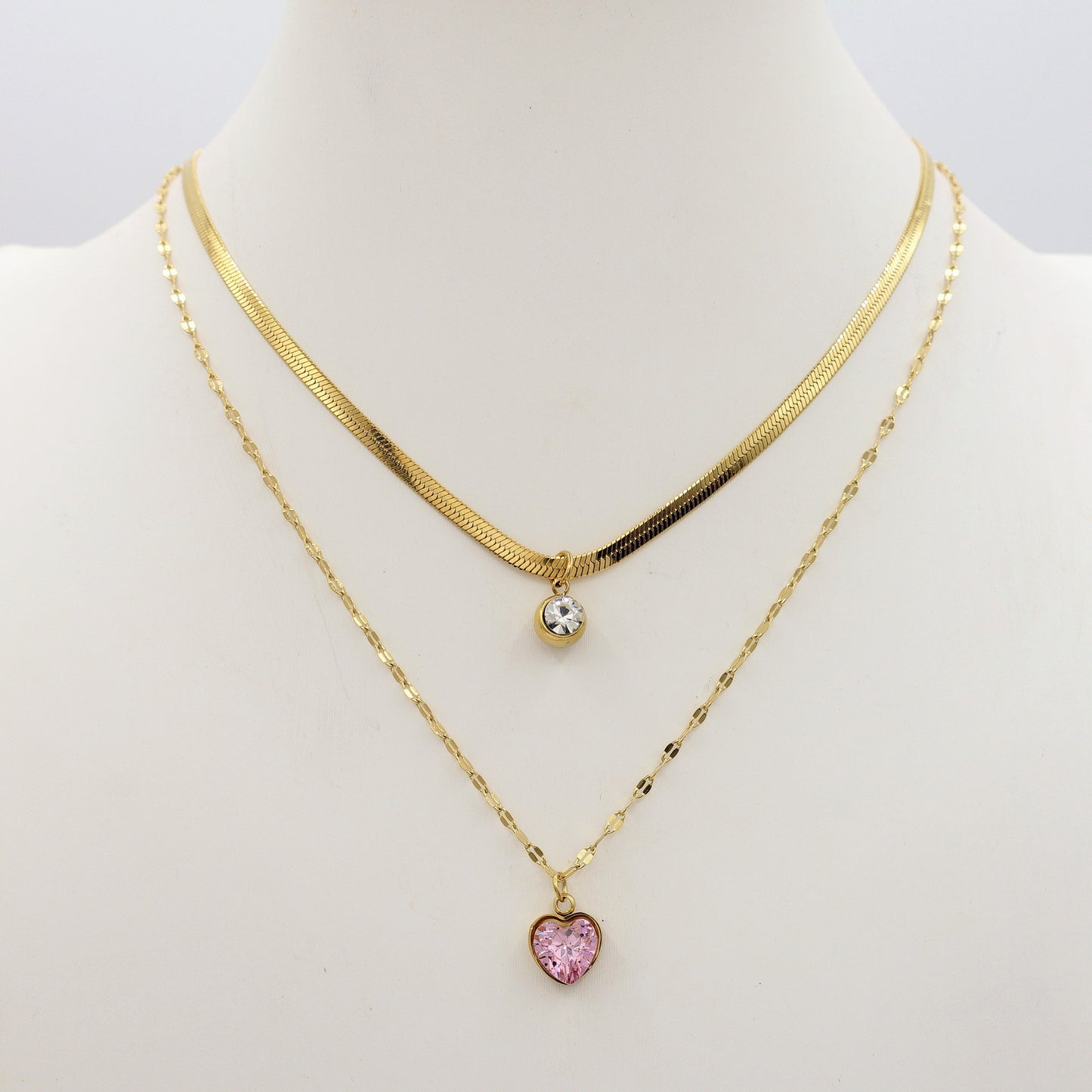 BLOSSOM ~ 2 in 1 Collana in ACCIAIO INOSSIDABILE doppia con cuore e cubic zirconia