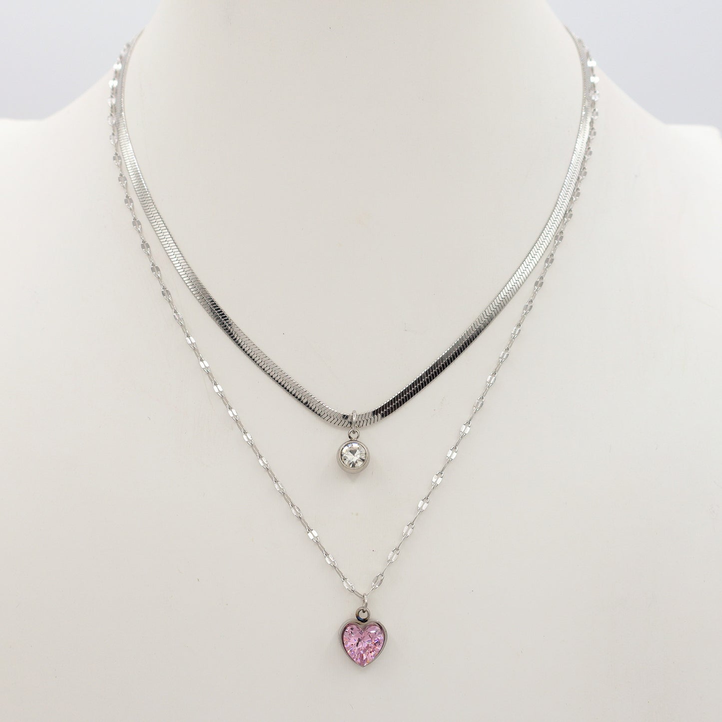 BLOSSOM ~ 2 in 1 Collana in ACCIAIO INOSSIDABILE doppia con cuore e cubic zirconia