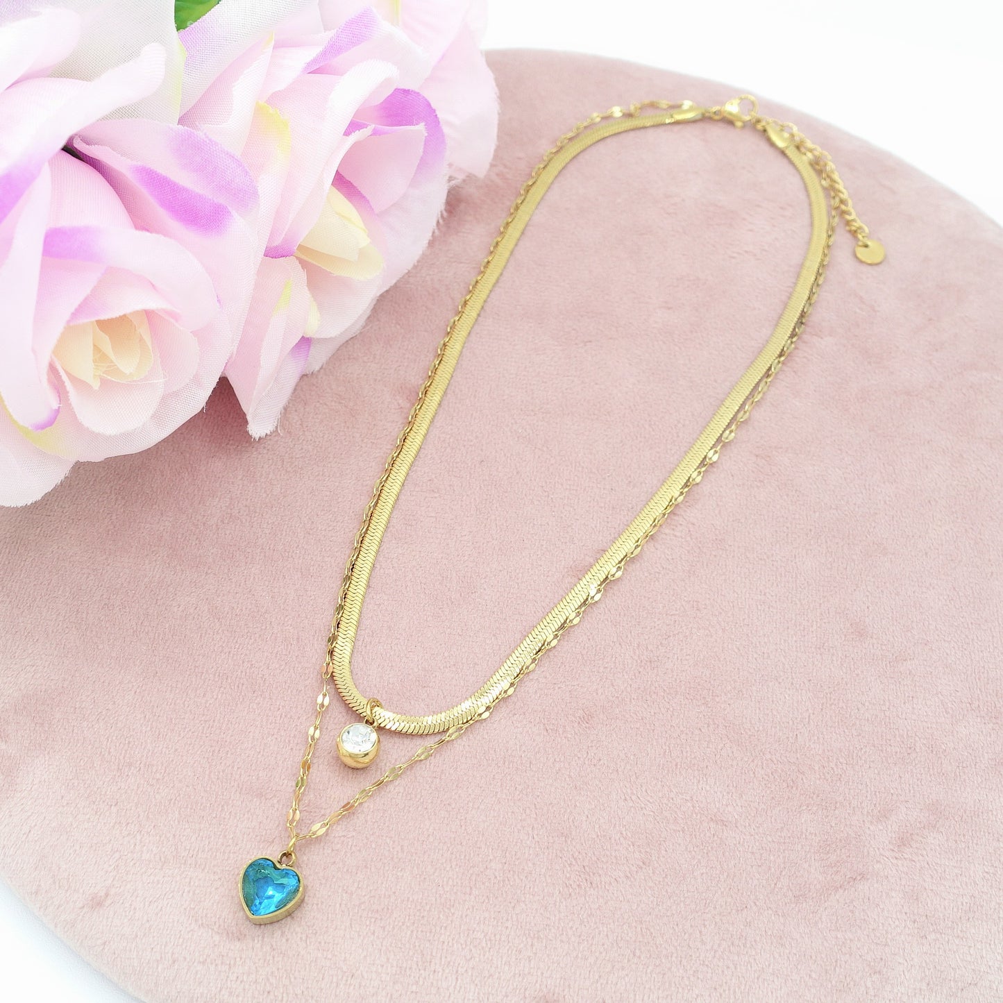 BLOSSOM ~ 2 in 1 Collana in ACCIAIO INOSSIDABILE doppia con cuore e cubic zirconia